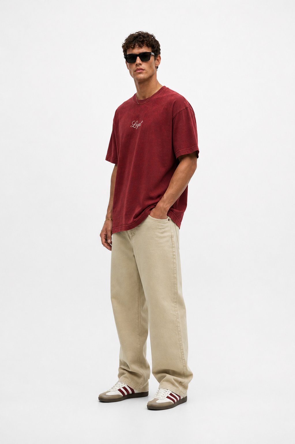Erkek Nakış Detaylı Yıkamalı Oversize T-Shirt Bordo