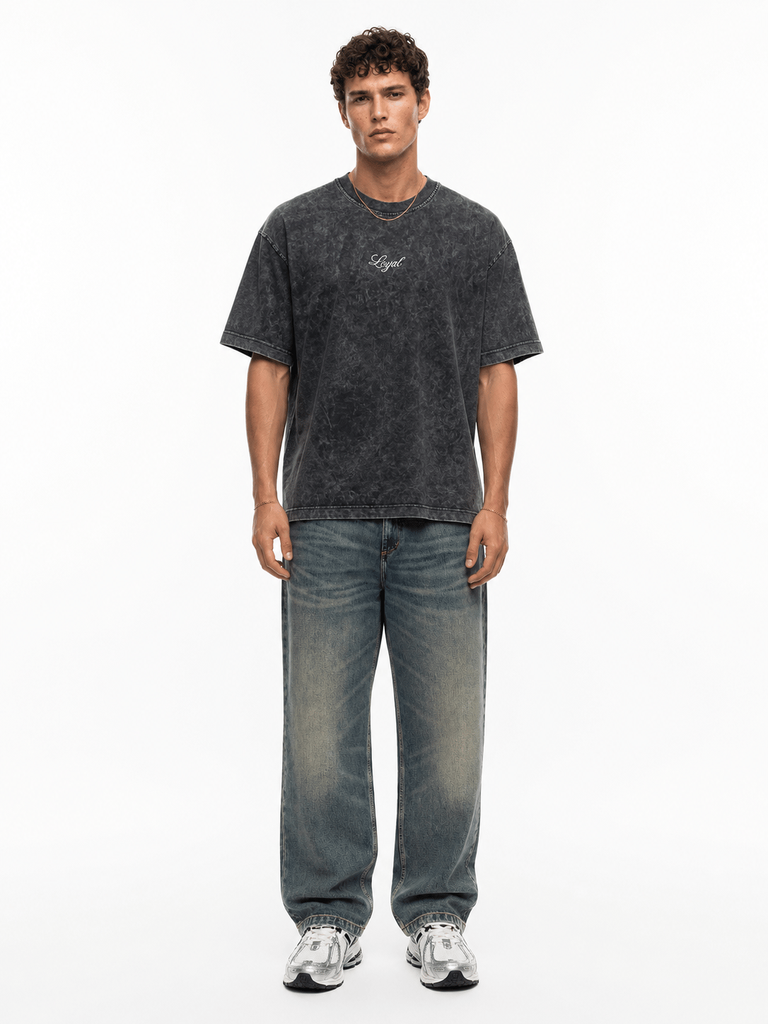 Erkek Nakış Detaylı Yıkamalı Oversize T-Shirt Siyah
