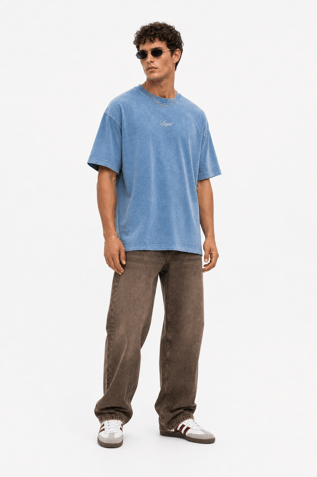 Erkek Nakış Detaylı Yıkamalı Oversize T-Shirt Mavi
