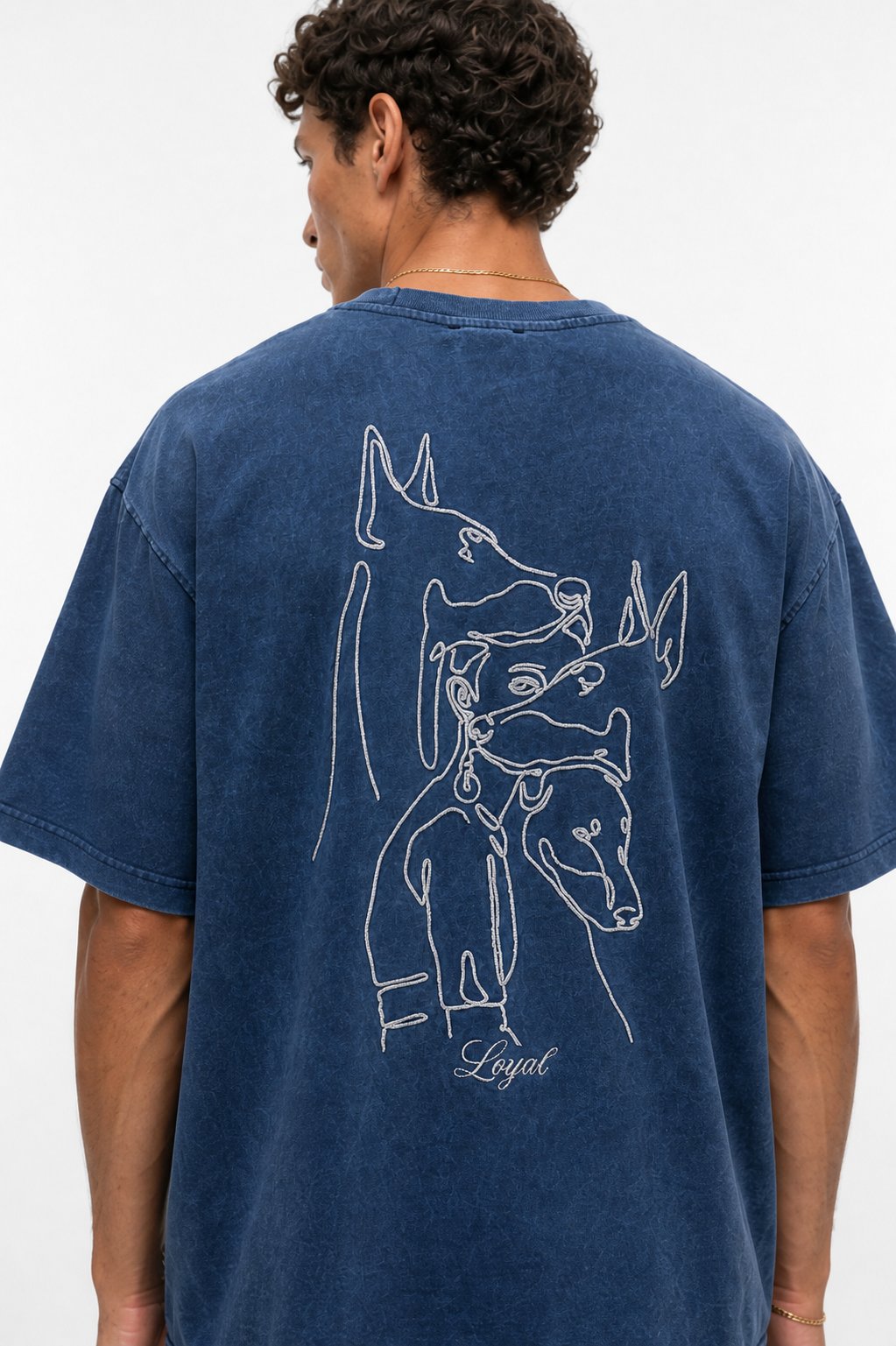 Erkek Nakış Detaylı Yıkamalı Oversize T-Shirt Lacivert