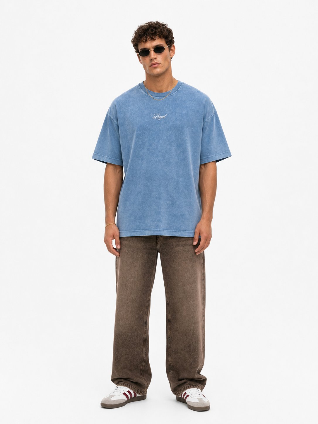 Erkek Nakış Detaylı Yıkamalı Oversize T-Shirt Mavi