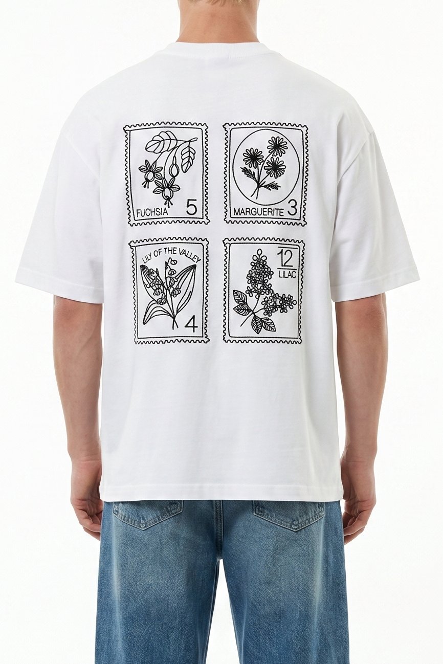Erkek Nakışlı Oversize T-Shirt Ekru