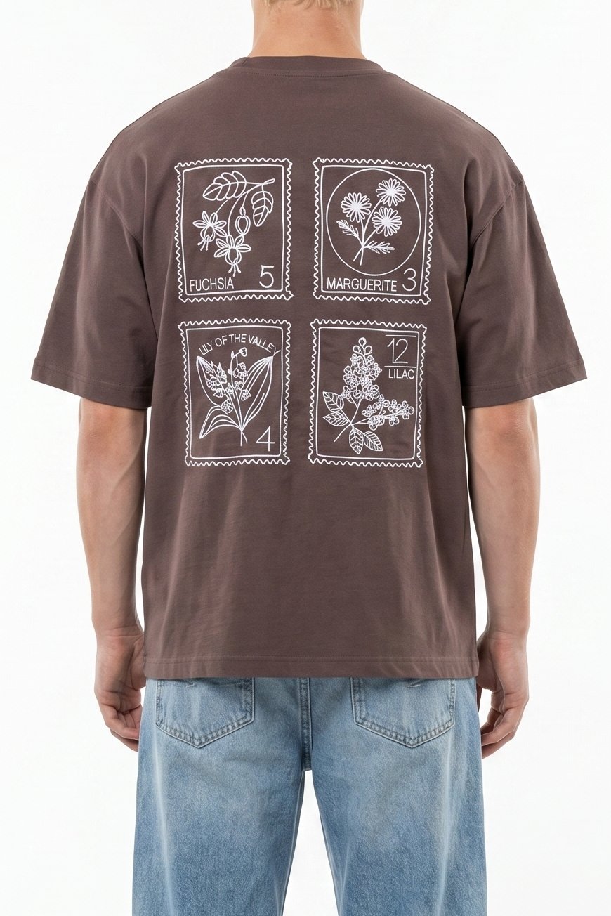Erkek Nakışlı Oversize T-Shirt Kahve