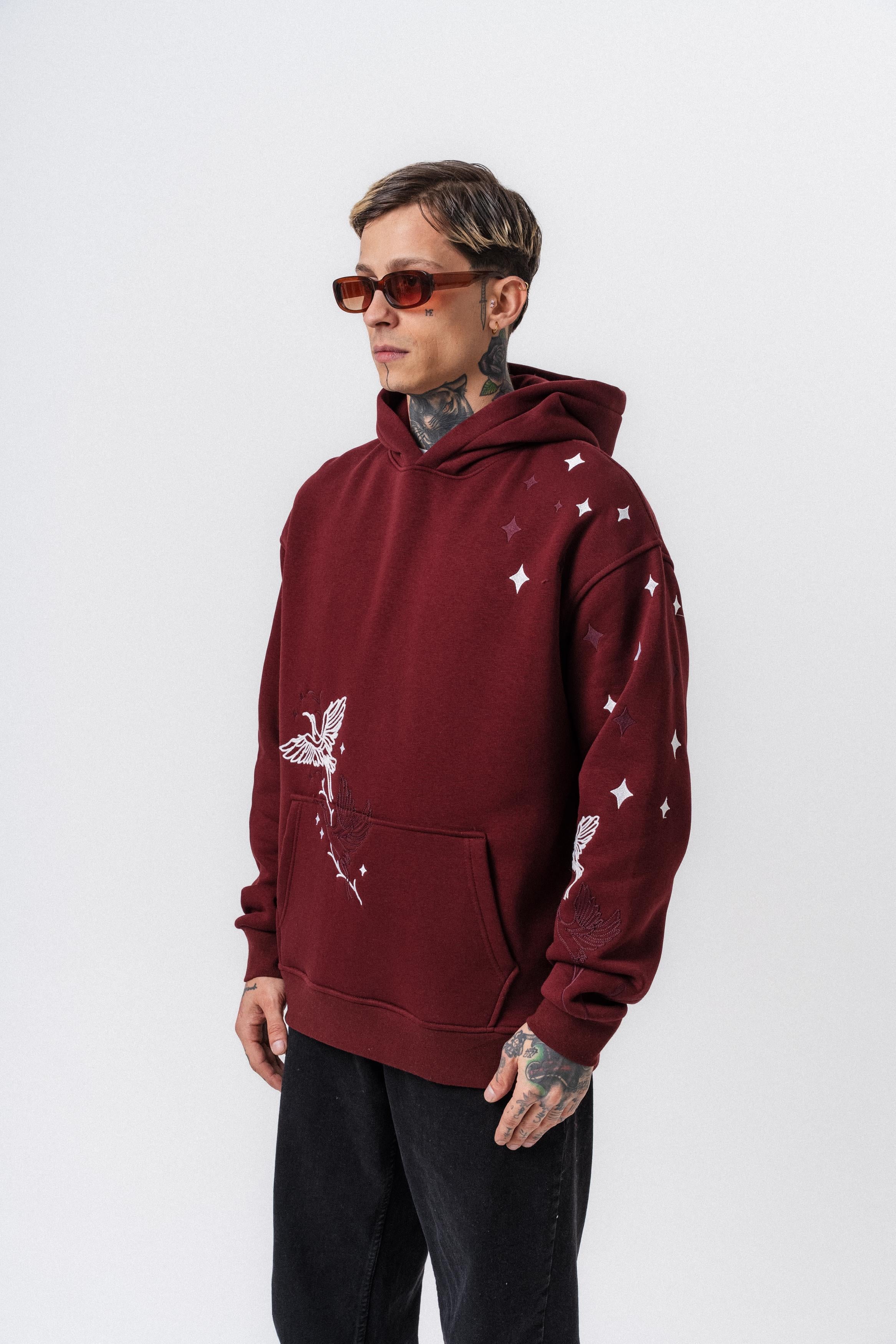 Erkek No Perch Nakışlı Kapüşonlu Oversize Hoodie Bordo