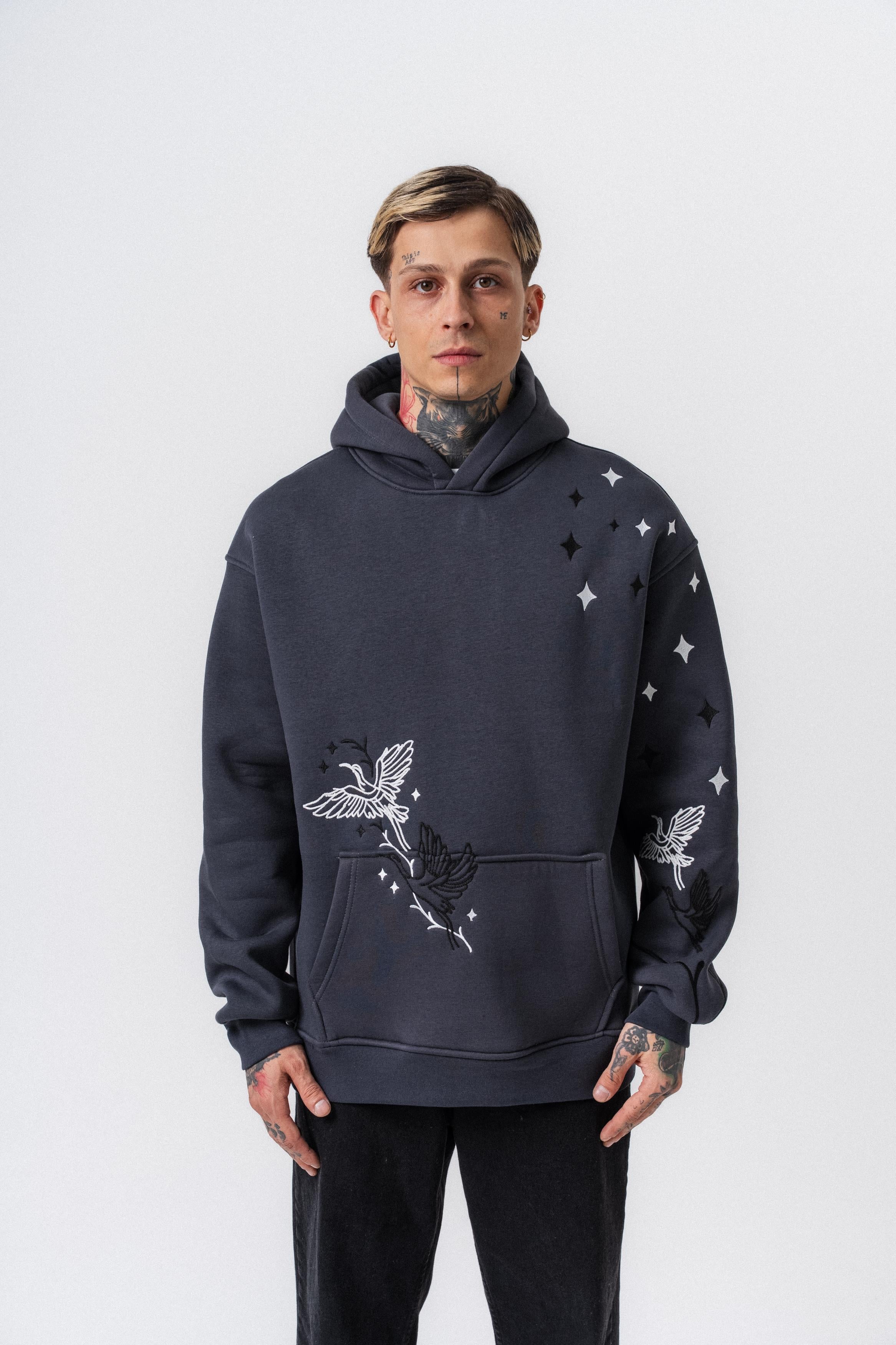 Erkek No Perch Nakışlı Kapüşonlu Oversize Hoodie Füme
