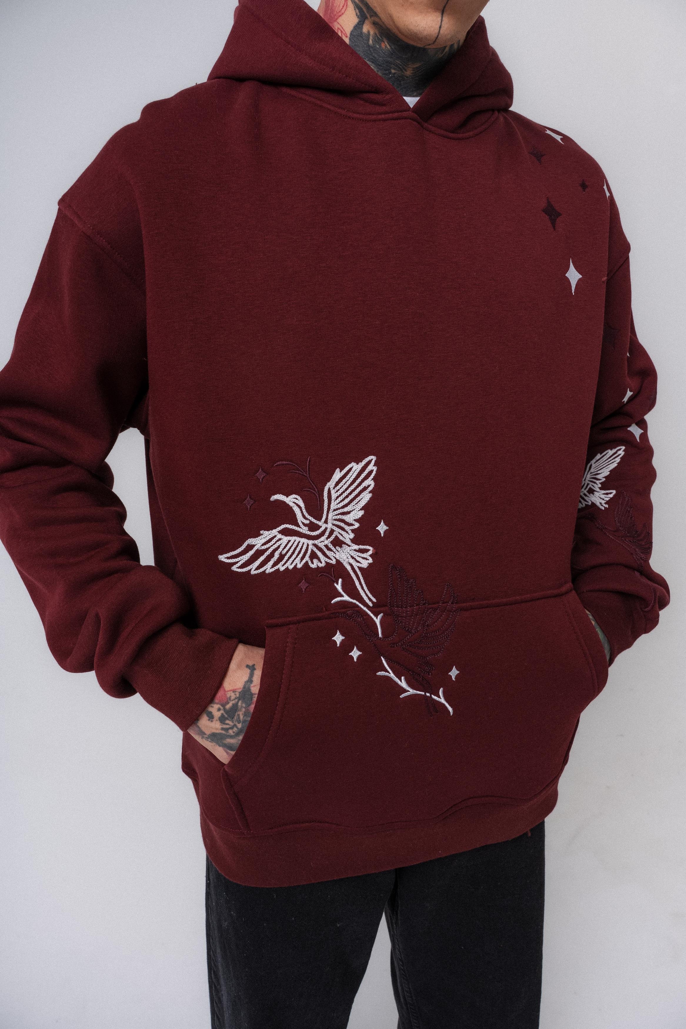 Erkek No Perch Nakışlı Kapüşonlu Oversize Hoodie Bordo