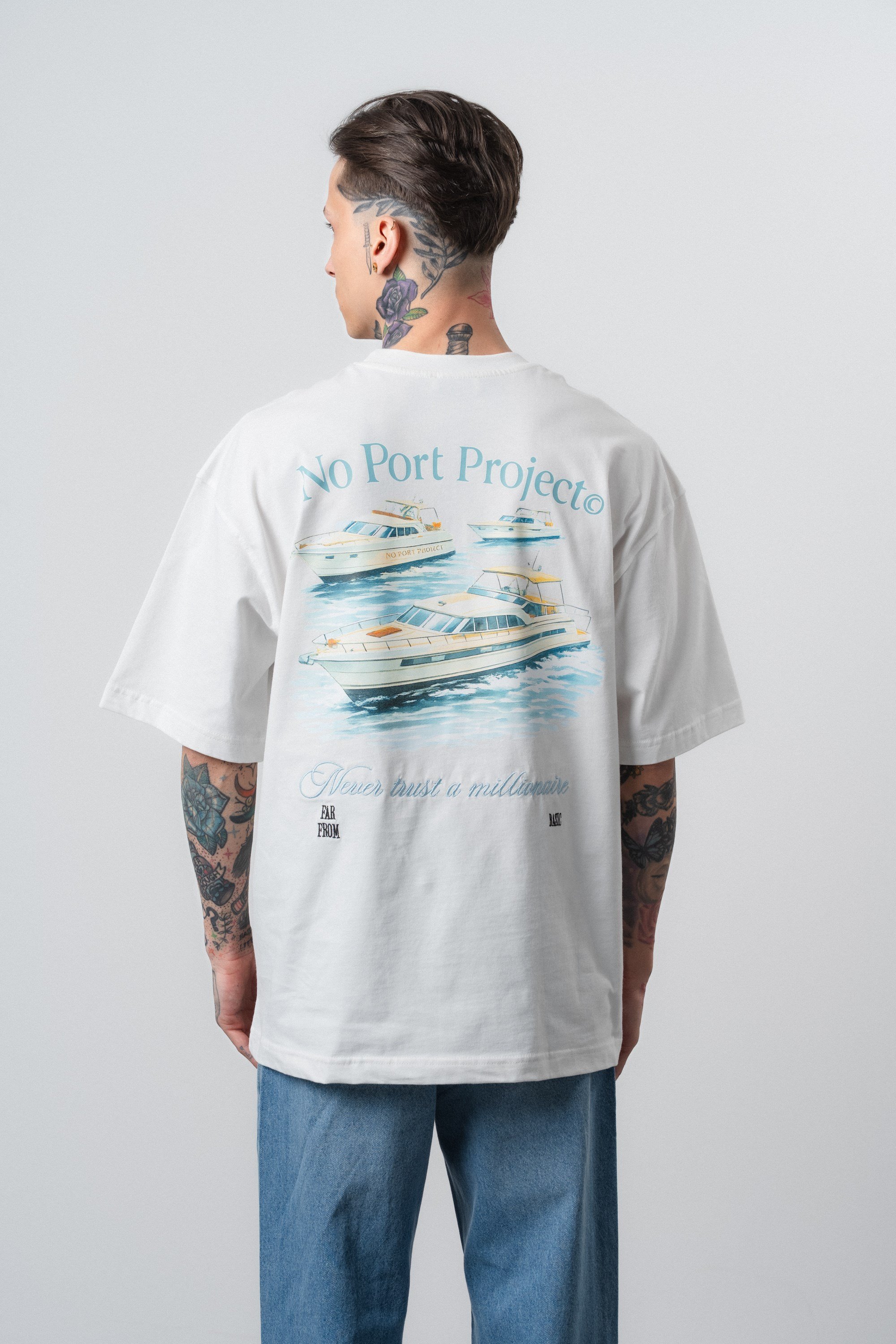 Erkek No Port Baskılı Oversize T-Shirt Ekru