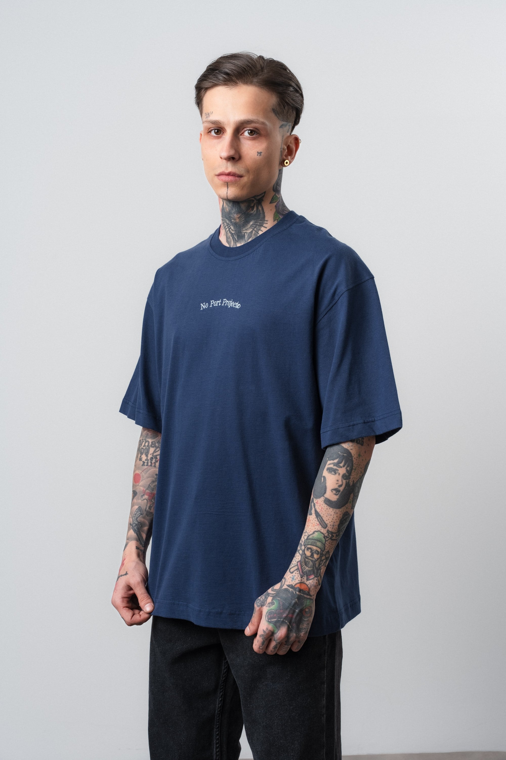 Erkek No Port Baskılı Oversize T-Shirt Lacivert