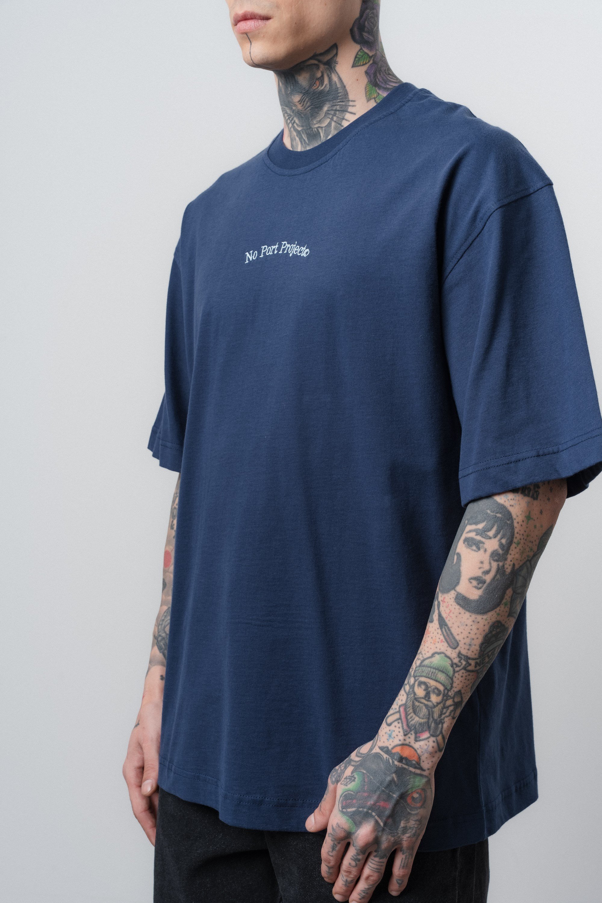 Erkek No Port Baskılı Oversize T-Shirt Lacivert