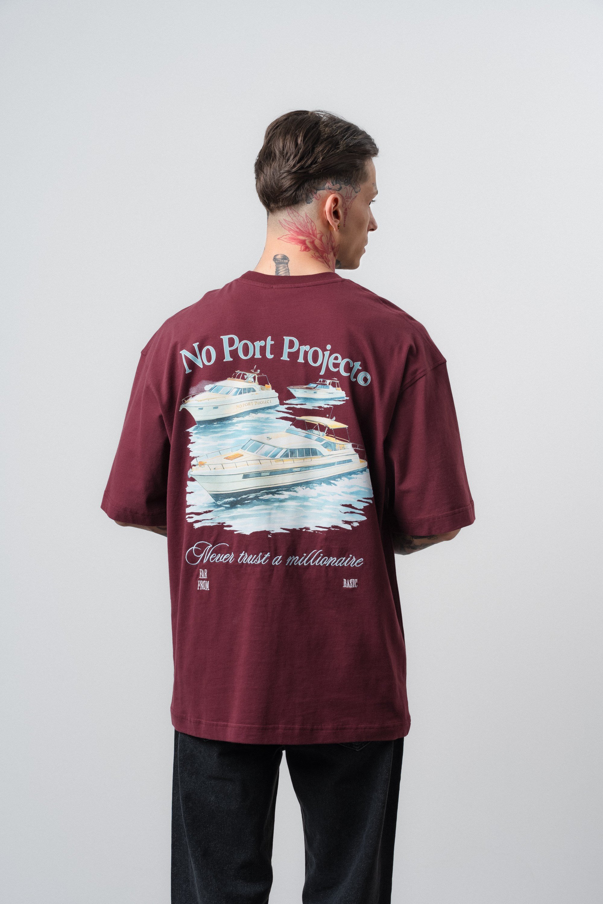 Erkek No Port Baskılı Oversize T-Shirt Bordo
