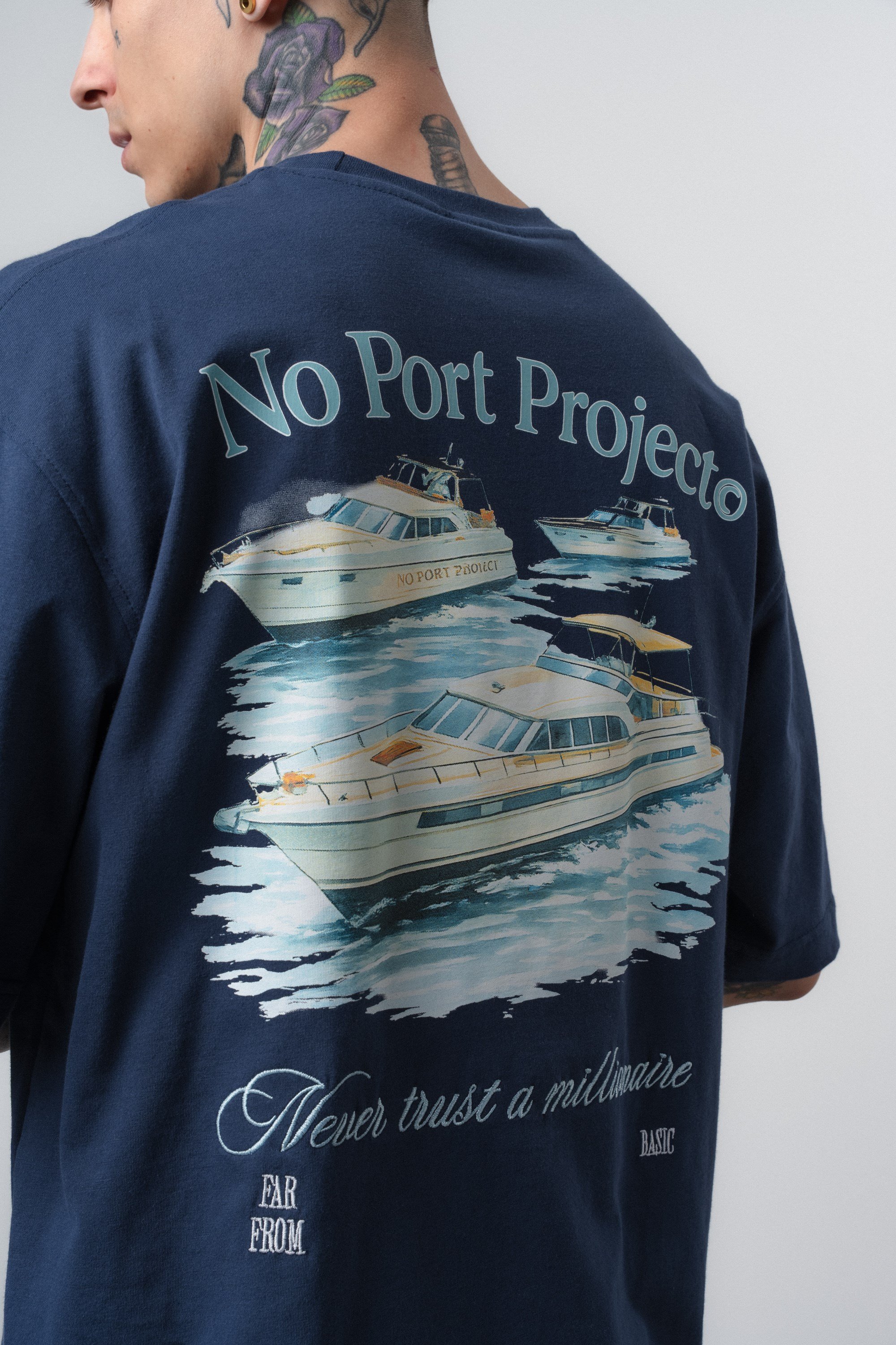 Erkek No Port Baskılı Oversize T-Shirt Lacivert