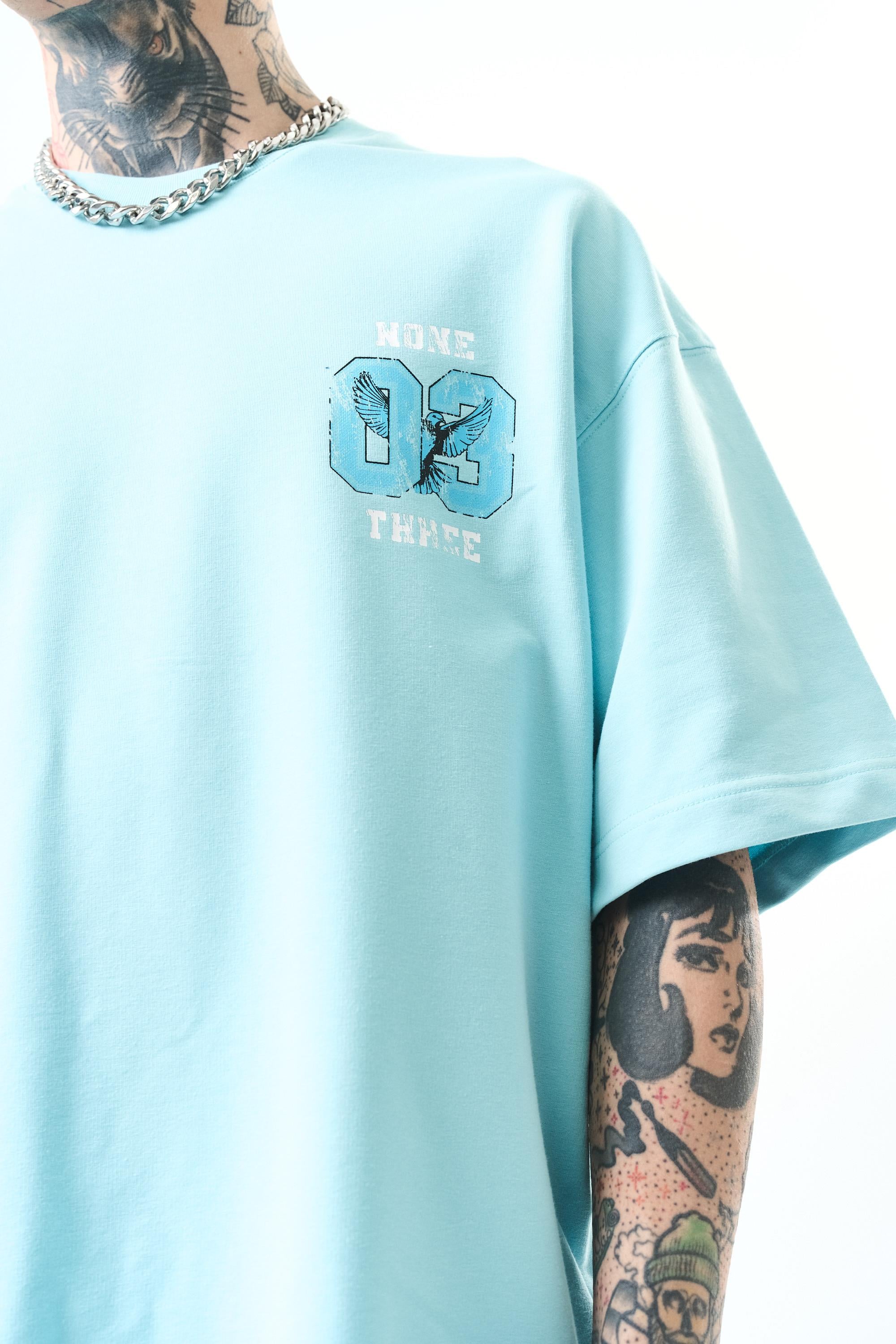 Erkek None Three Baskılı Oversize T-Shirt Bebe Mavi