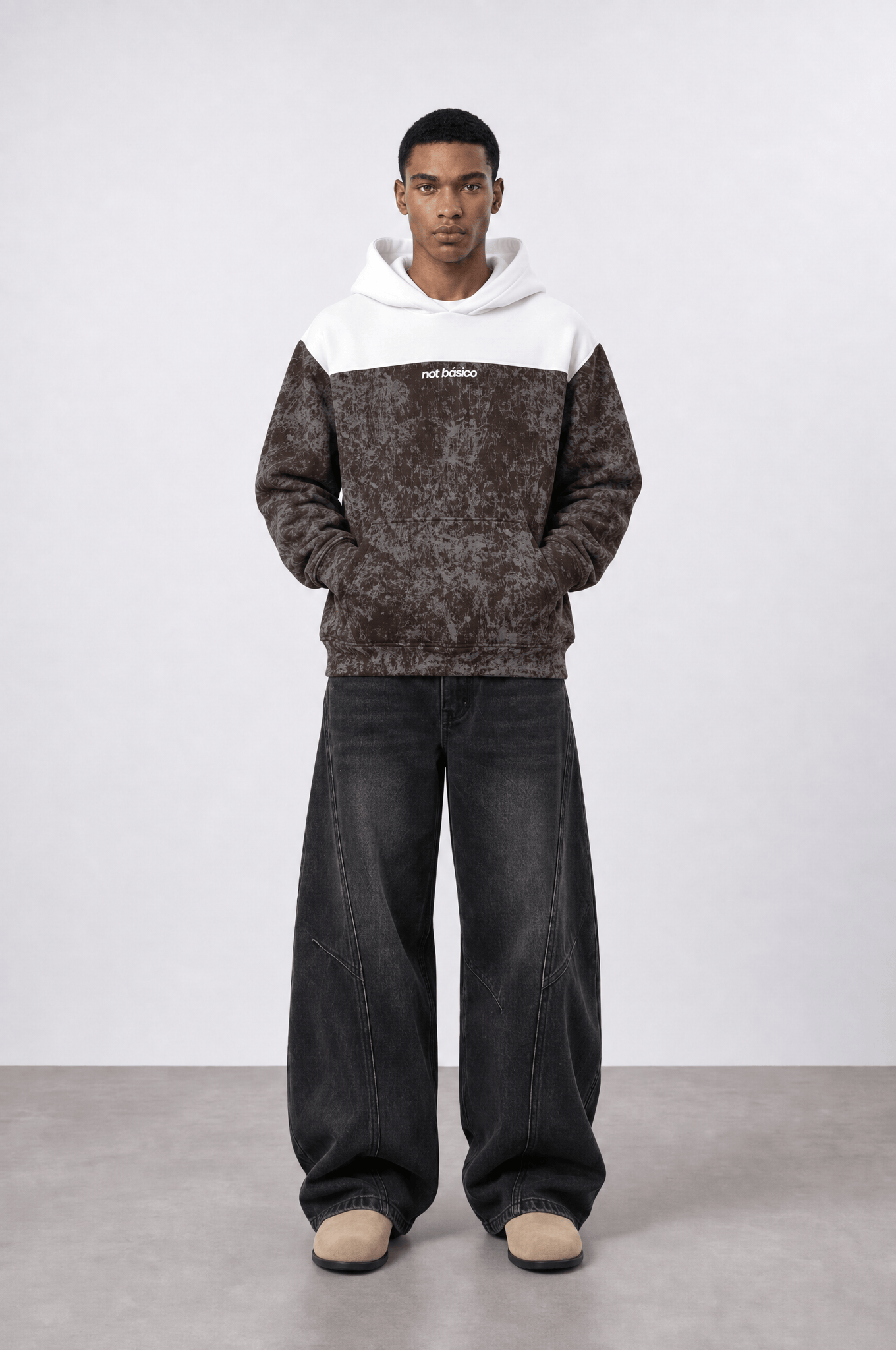 Erkek Not Básico Baskılı Yıkamalı Oversize Hoodie Kahve