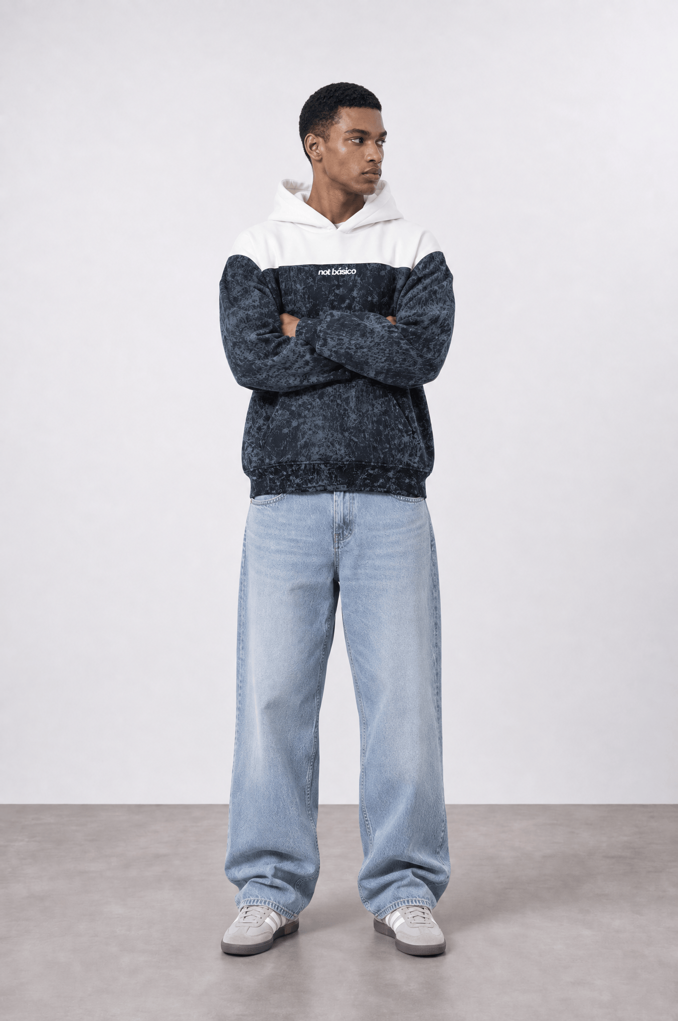 Erkek Not Básico Baskılı Yıkamalı Oversize Hoodie Siyah