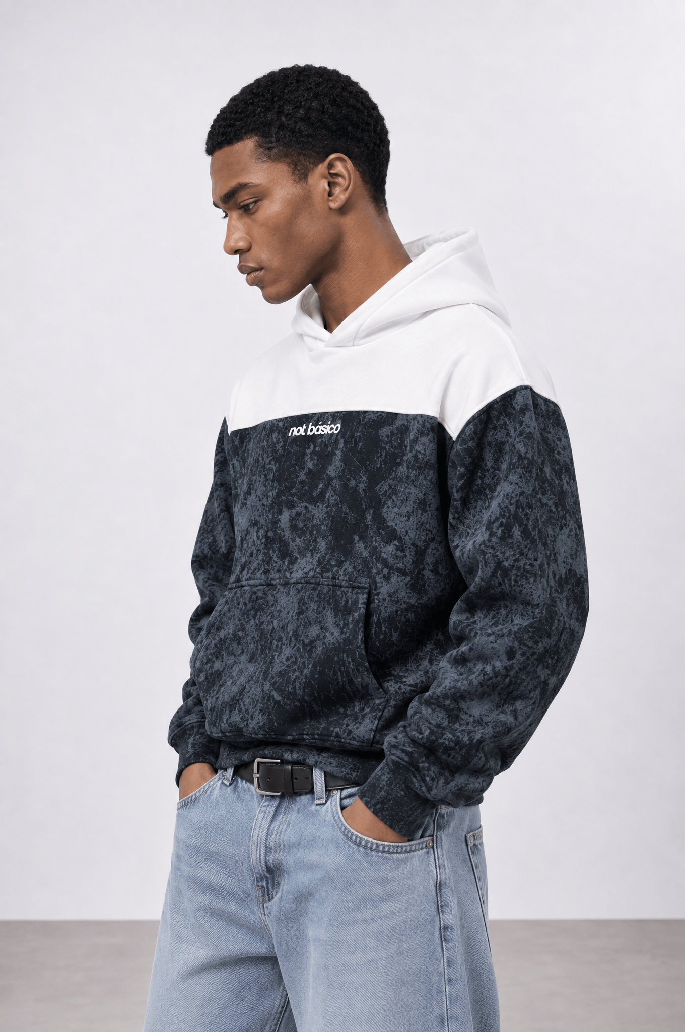 Erkek Not Básico Baskılı Yıkamalı Oversize Hoodie Siyah