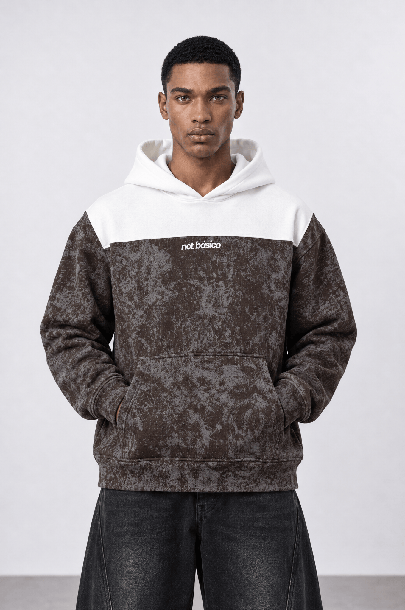 Erkek Not Básico Baskılı Yıkamalı Oversize Hoodie Kahve