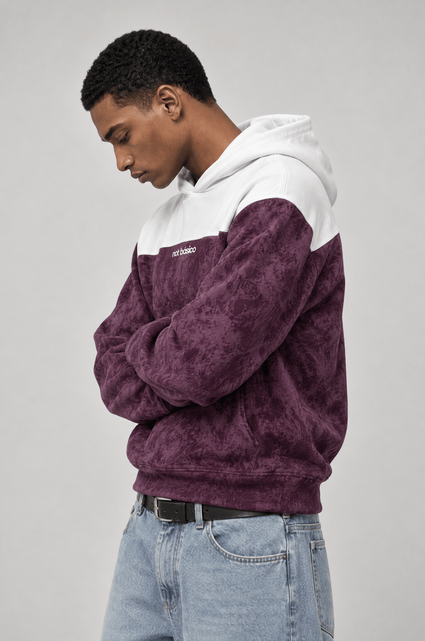 Erkek Not Básico Baskılı Yıkamalı Oversize Hoodie Bordo
