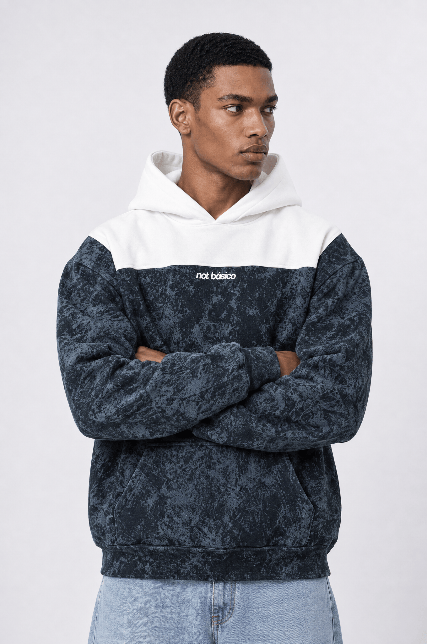 Erkek Not Básico Baskılı Yıkamalı Oversize Hoodie Siyah