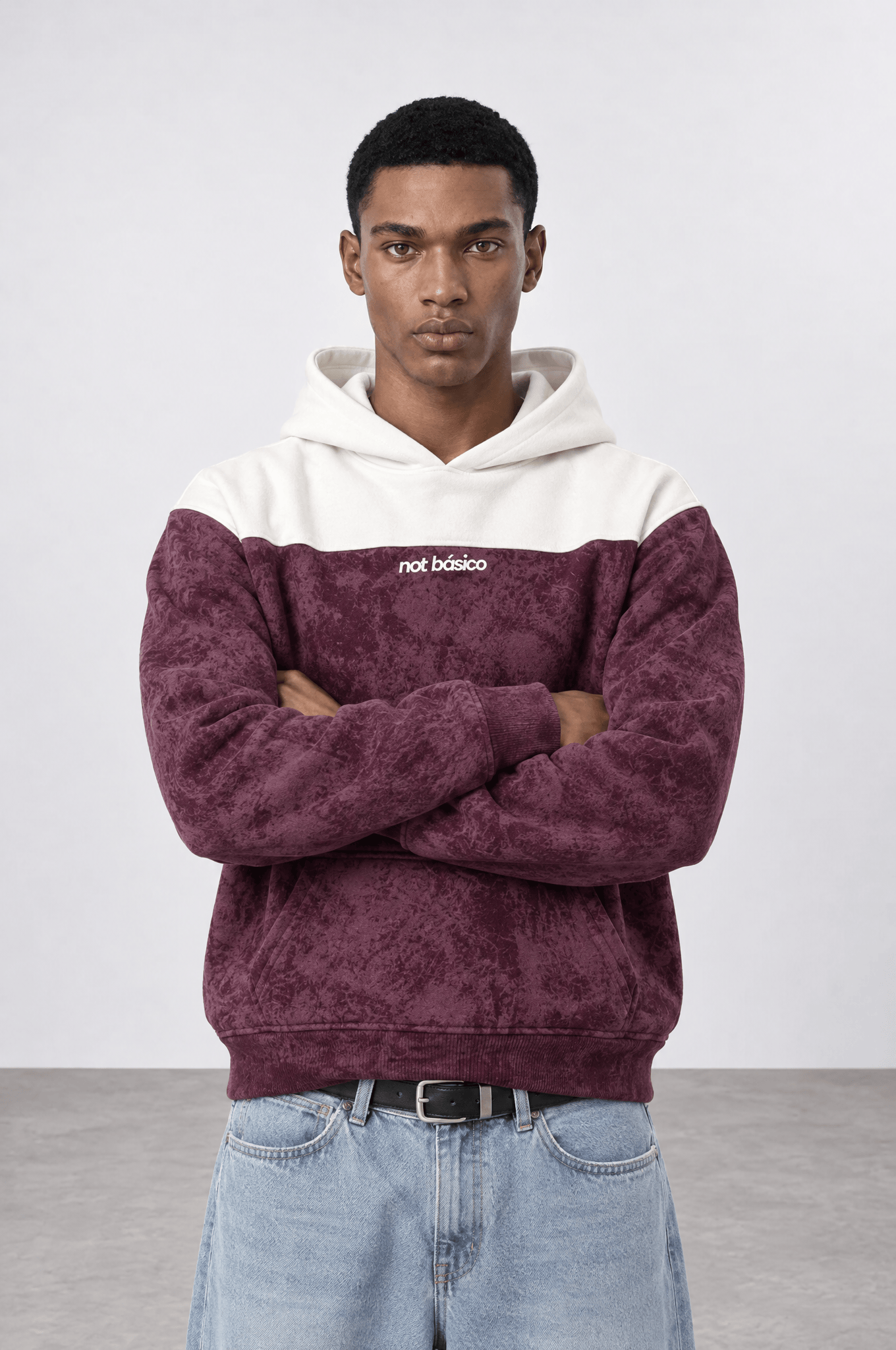 Erkek Not Básico Baskılı Yıkamalı Oversize Hoodie Bordo