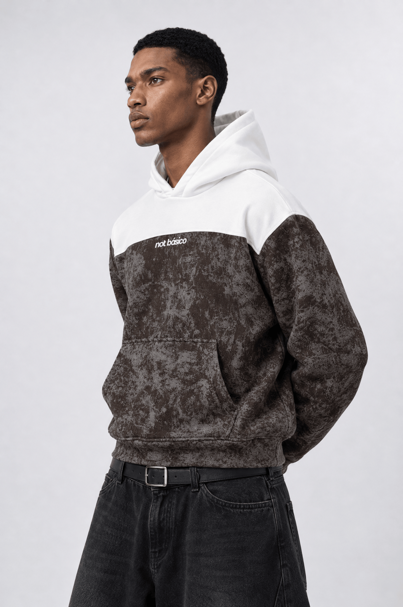 Erkek Not Básico Baskılı Yıkamalı Oversize Hoodie Kahve