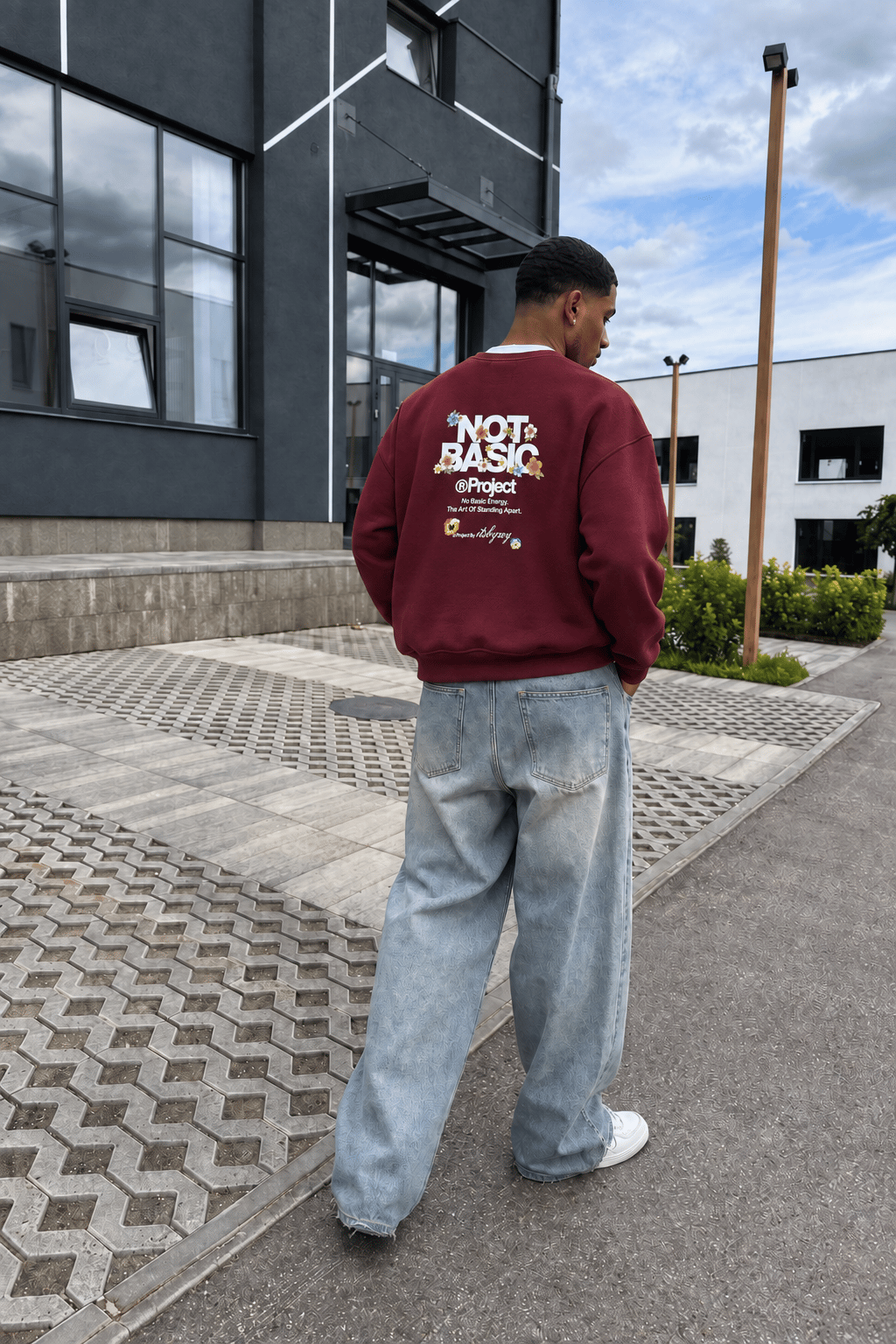 Erkek Not Basic Project Baskılı Oversize Sweatshirt Bordo
