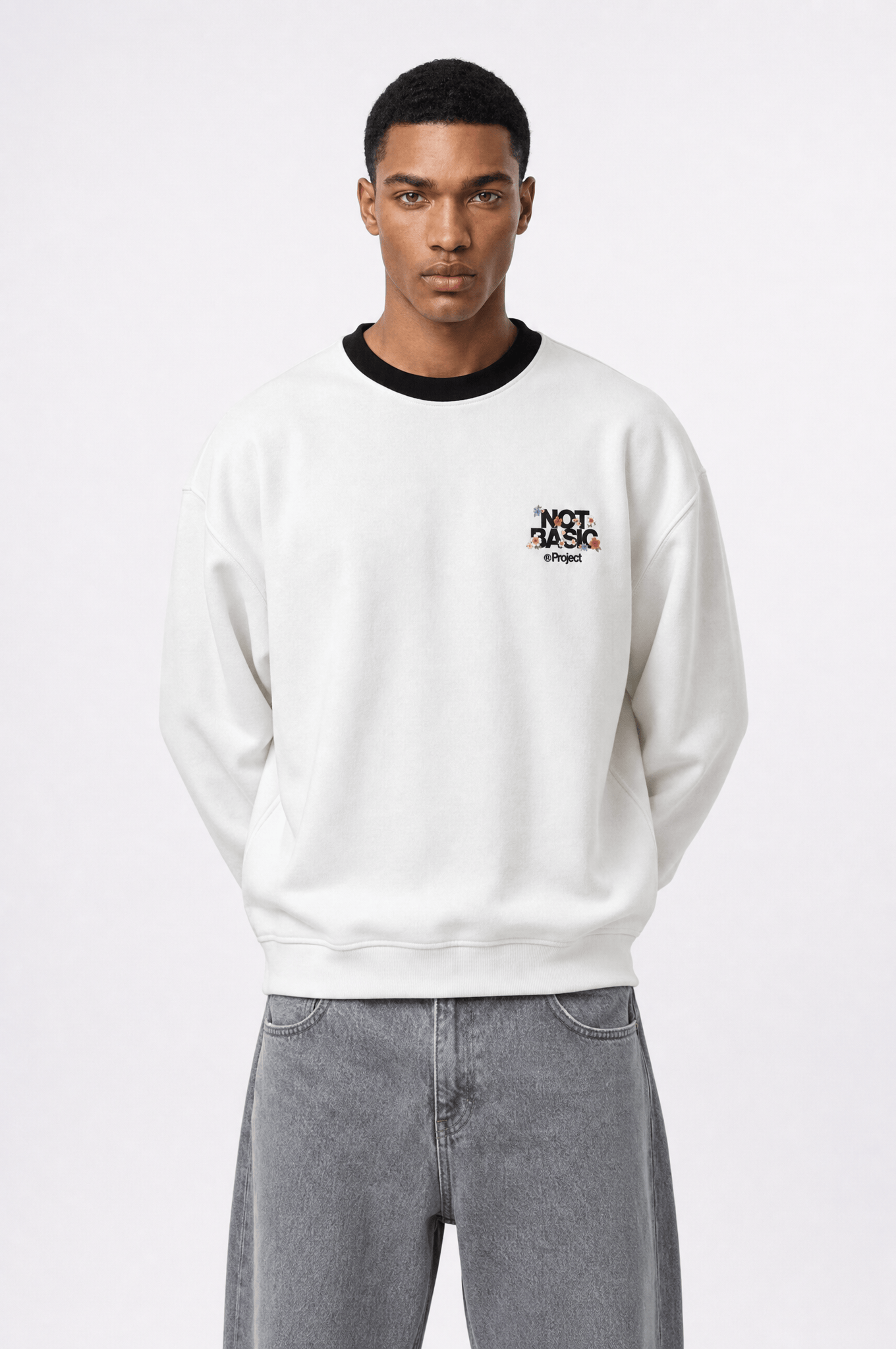 Erkek Not Basic Project Baskılı Oversize Sweatshirt Ekru