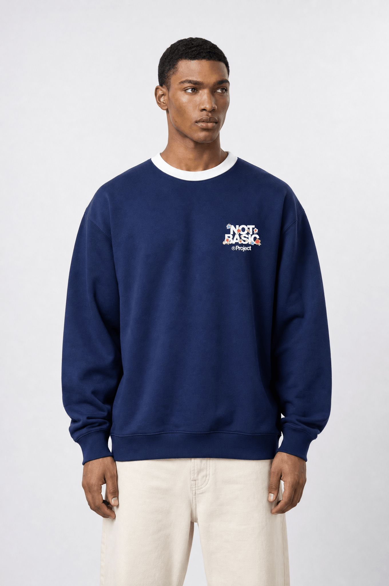 Erkek Not Basic Project Baskılı Oversize Sweatshirt Lacivert