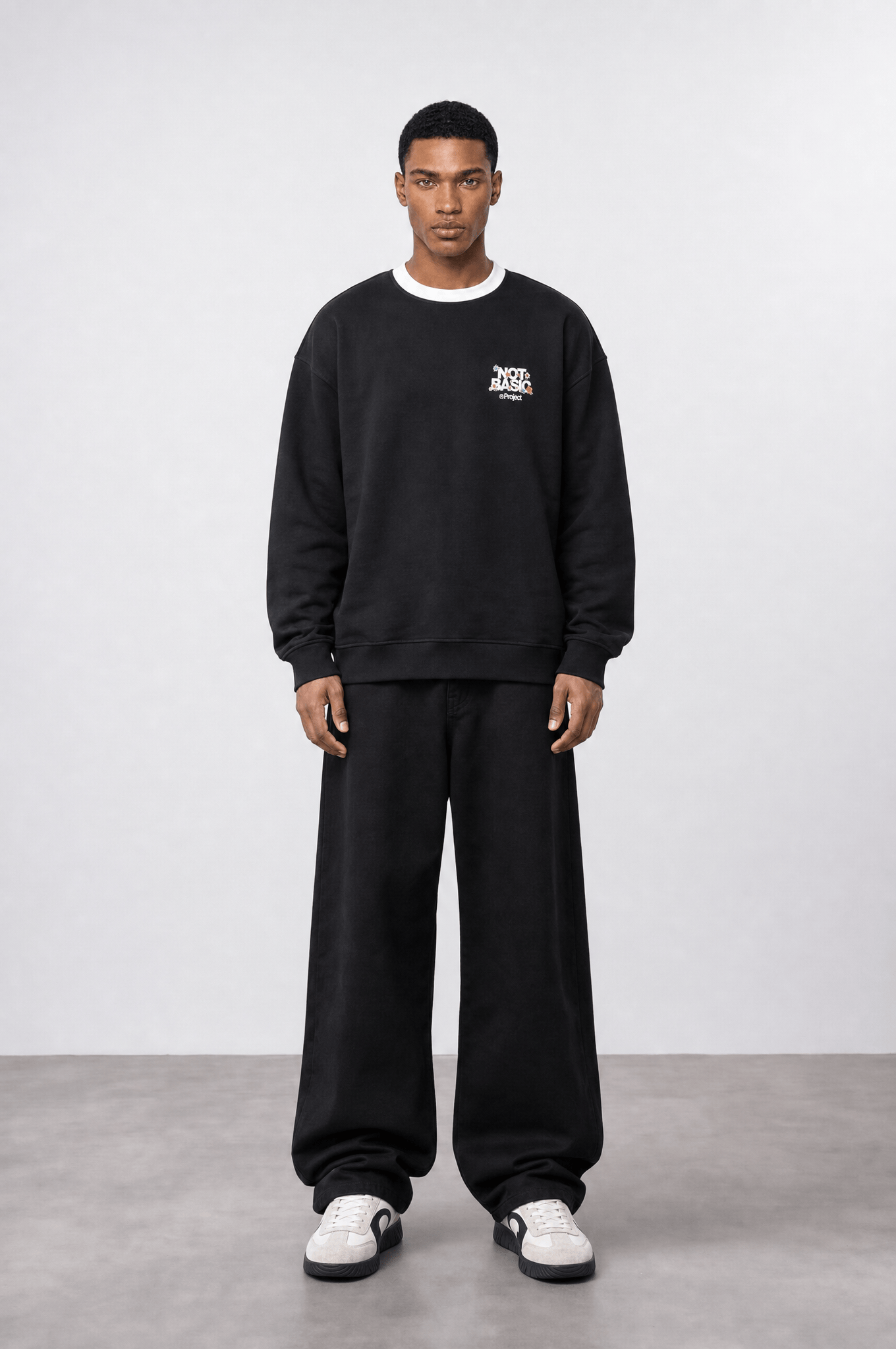 Erkek Not Basic Project Baskılı Oversize Sweatshirt Siyah