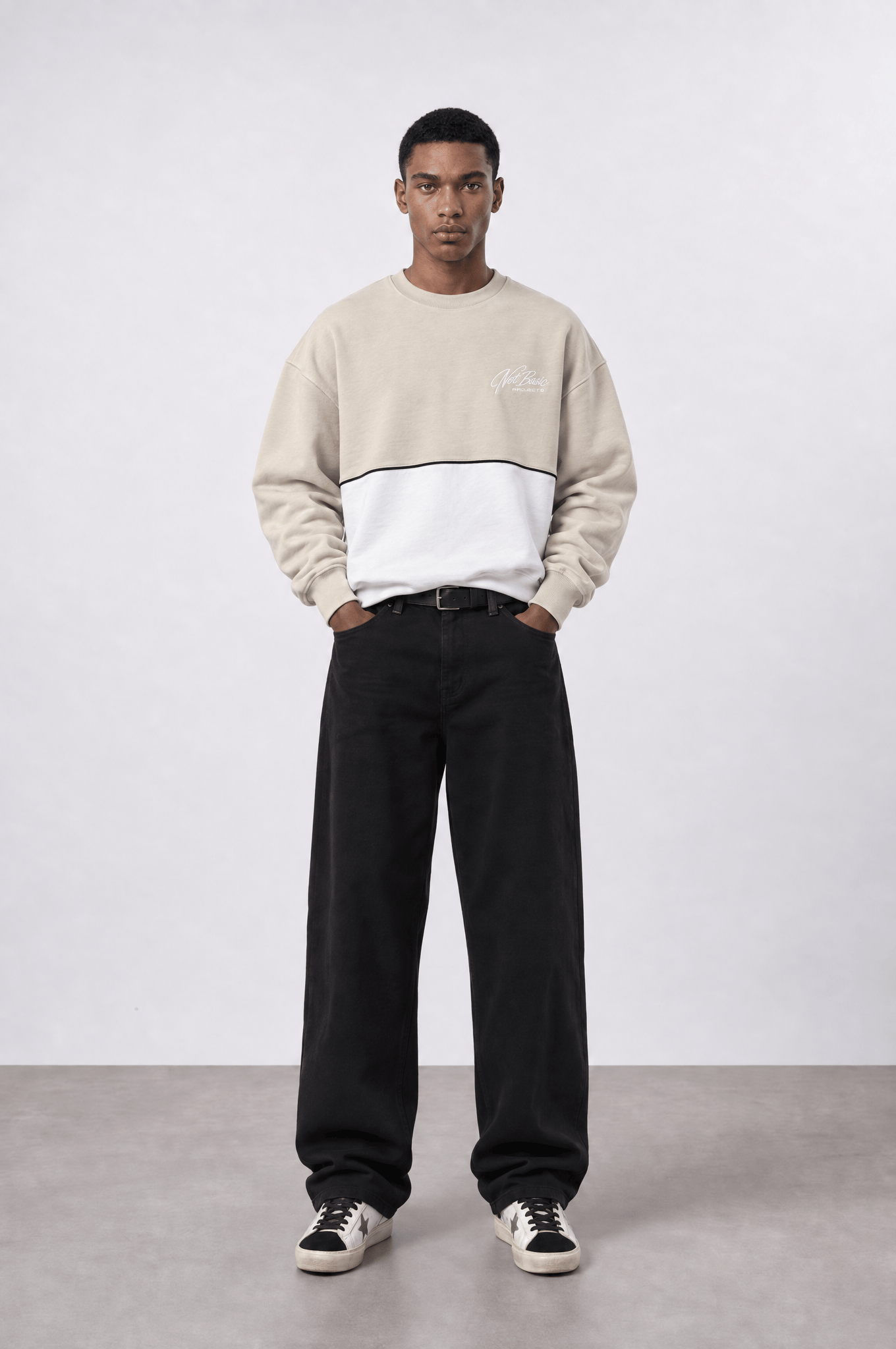 Erkek Not Basic Project Nakışlı Oversize Sweatshirt Bej