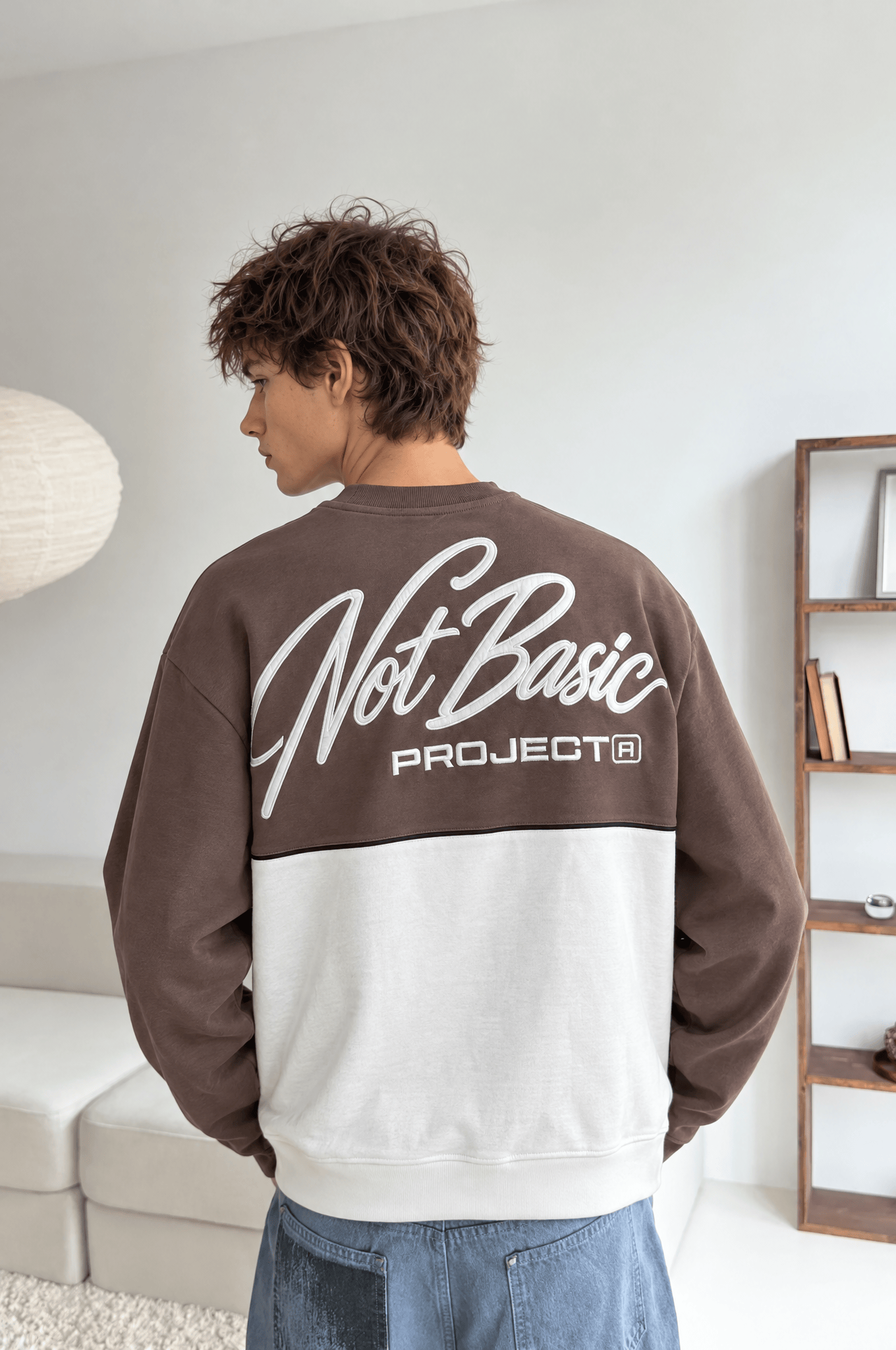 Erkek Not Basic Project Nakışlı Oversize Sweatshirt Kahve
