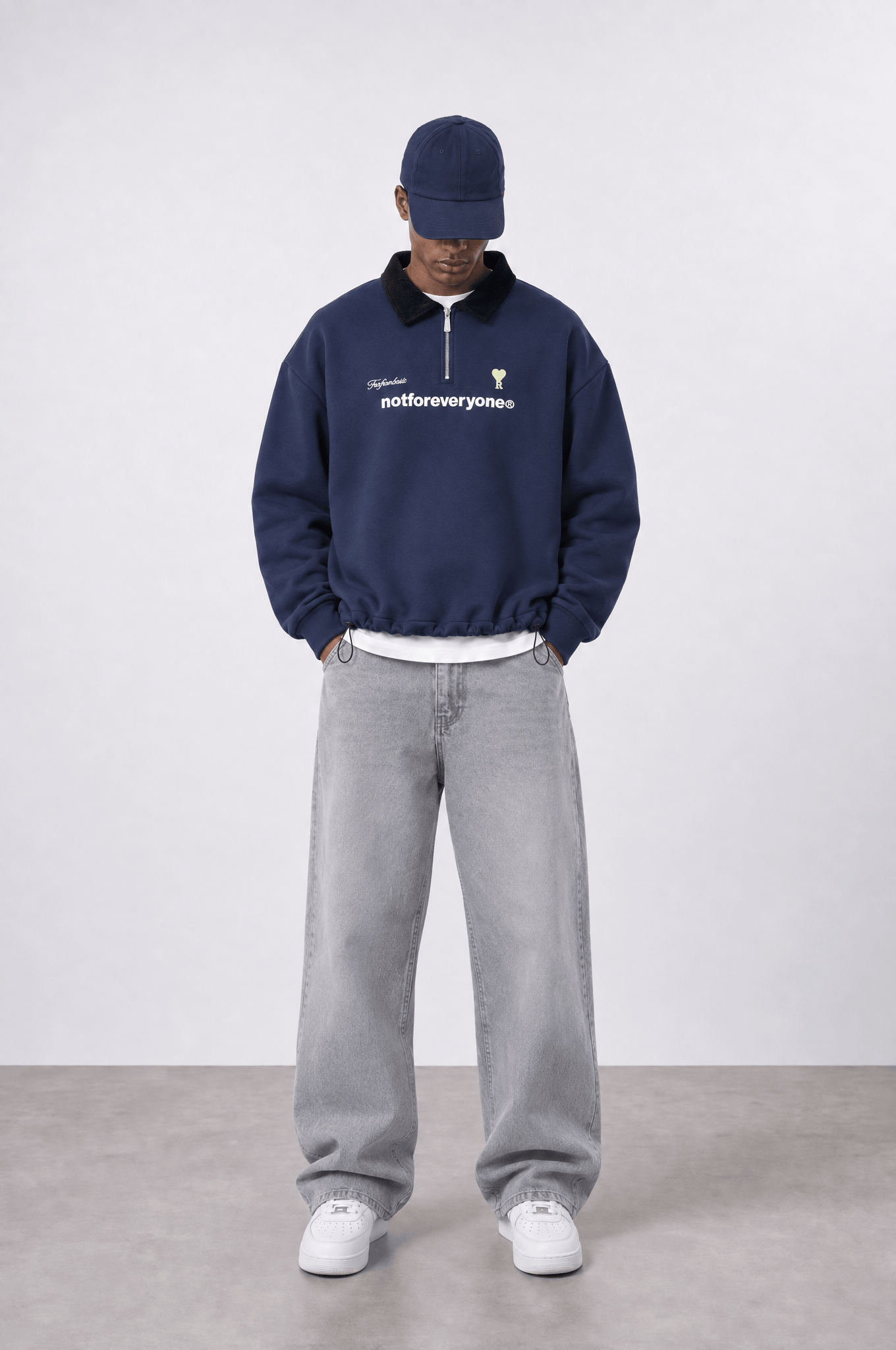 Erkek Not For Everyone Nakışlı Polo Yaka Oversize Sweatshirt Lacivert