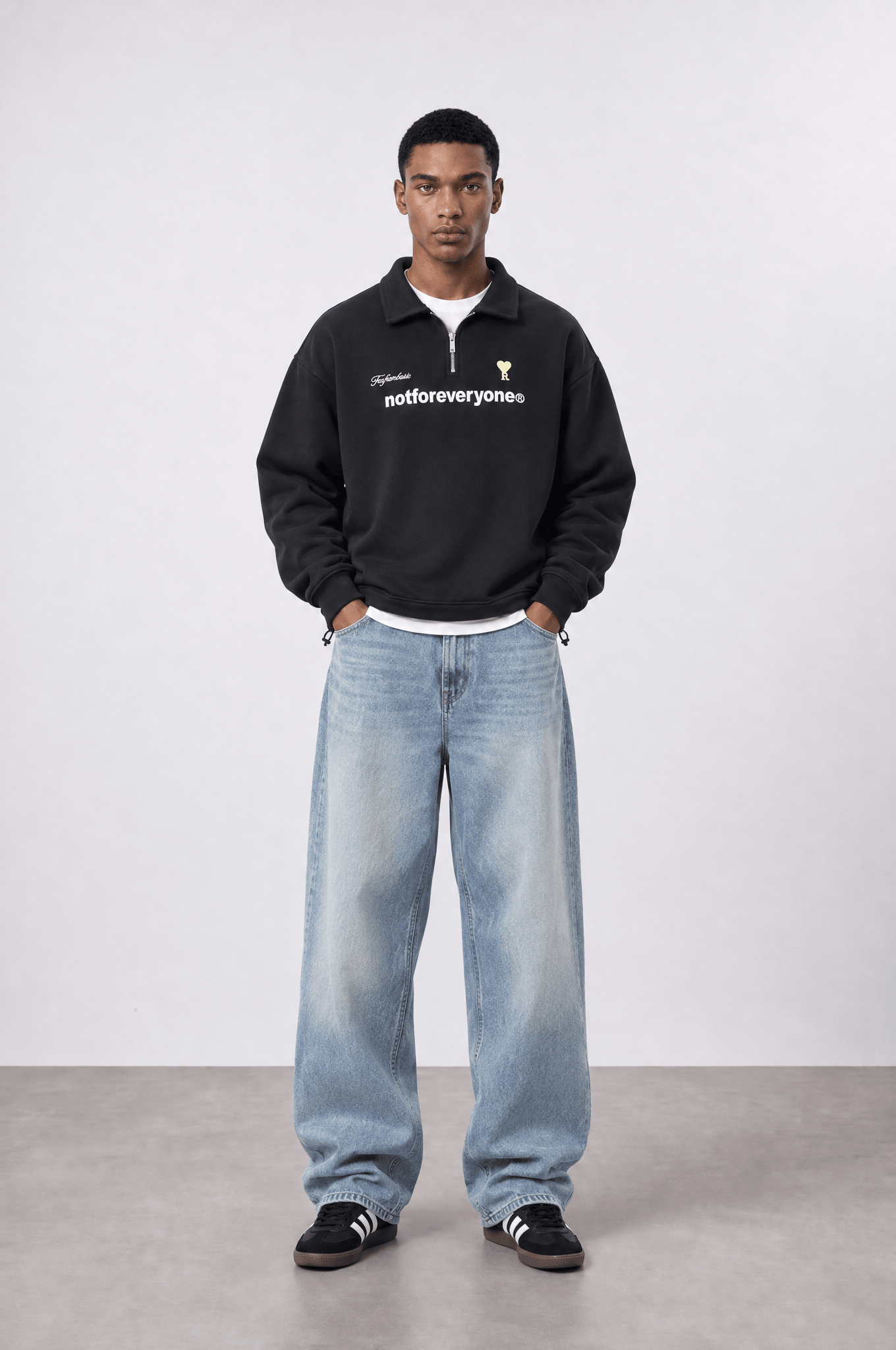 Erkek Not For Everyone Nakışlı Polo Yaka Oversize Sweatshirt Siyah