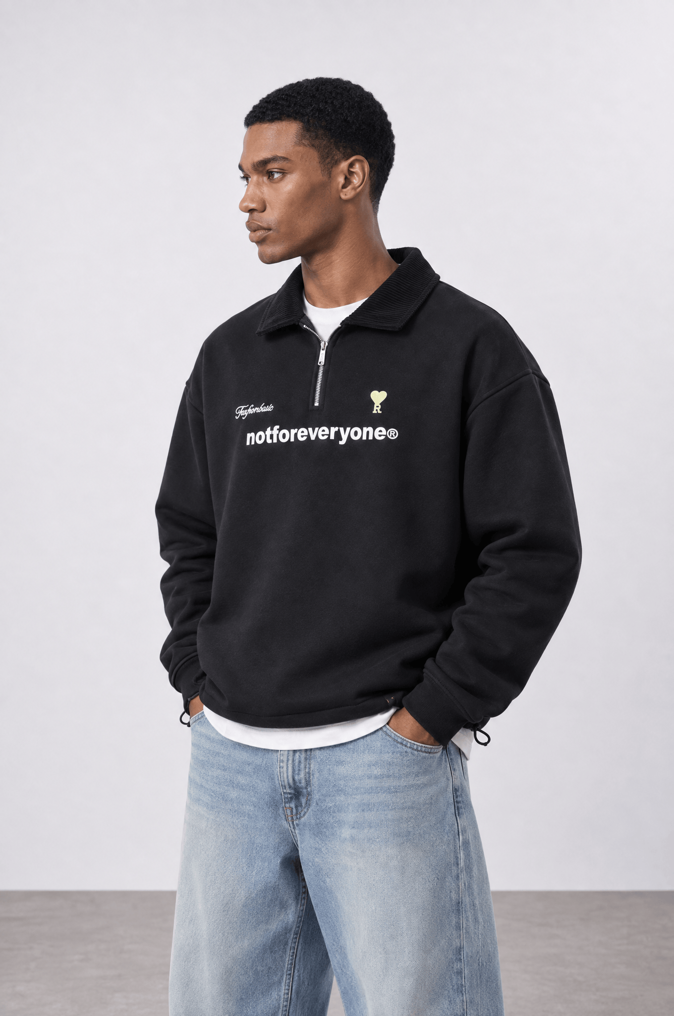 Erkek Not For Everyone Nakışlı Polo Yaka Oversize Sweatshirt Siyah