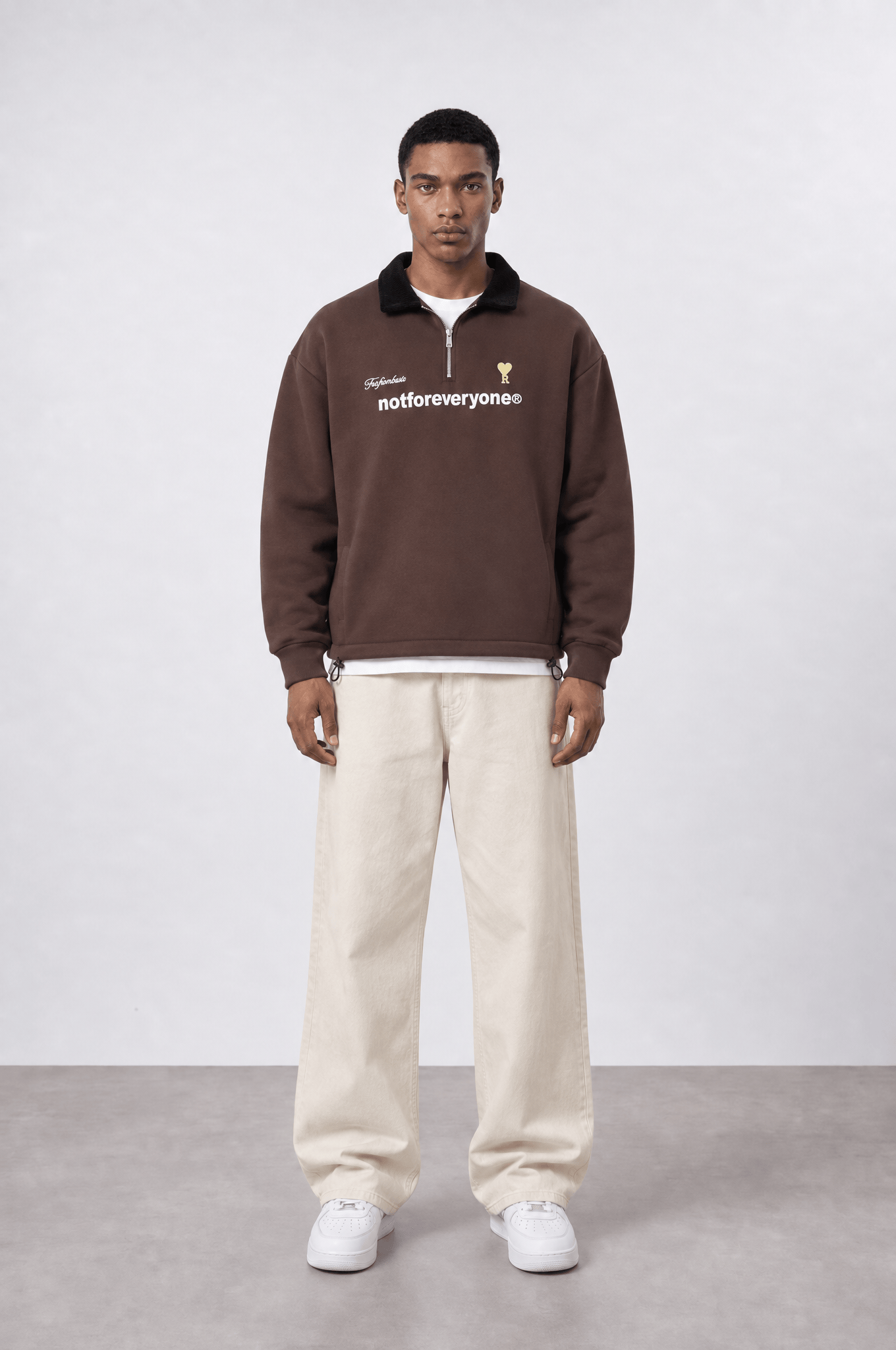 Erkek Not For Everyone Nakışlı Polo Yaka Oversize Sweatshirt Kahve