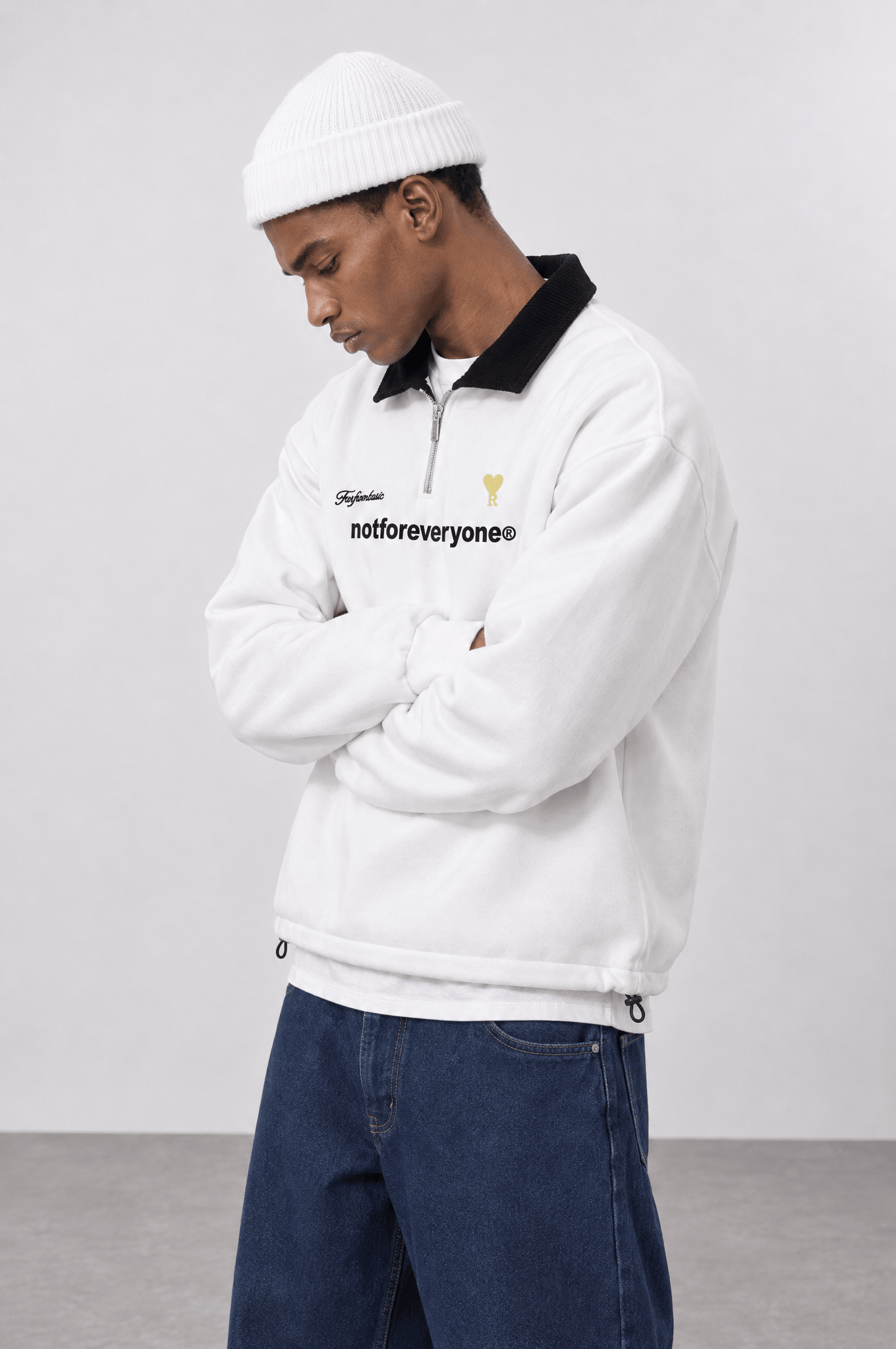 Erkek Not For Everyone Nakışlı Polo Yaka Oversize Sweatshirt Ekru