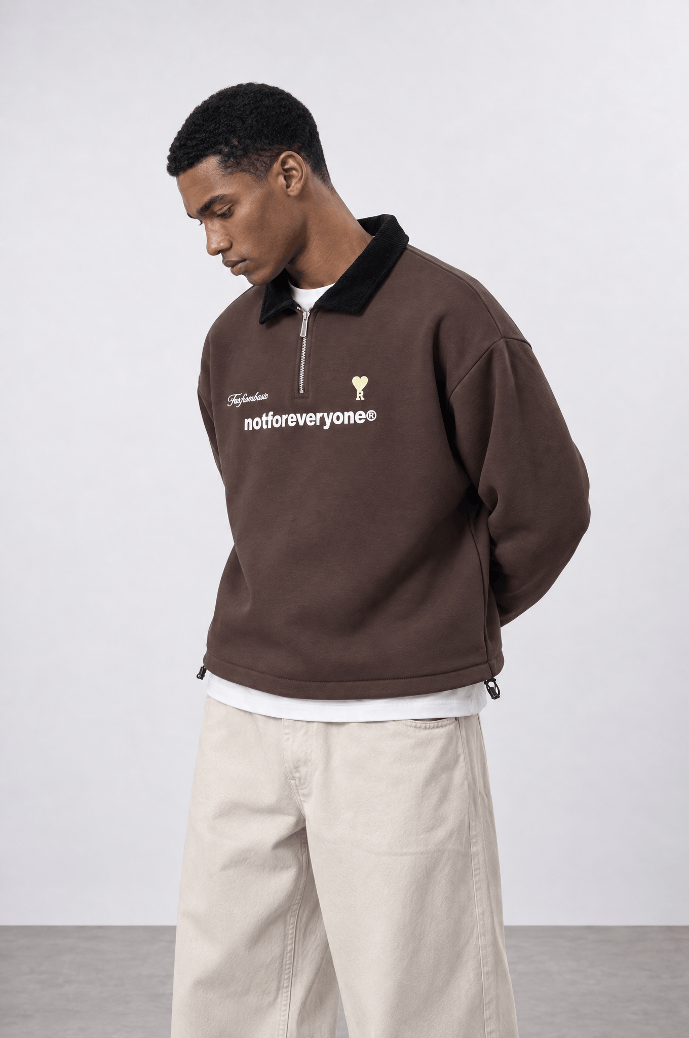 Erkek Not For Everyone Nakışlı Polo Yaka Oversize Sweatshirt Kahve