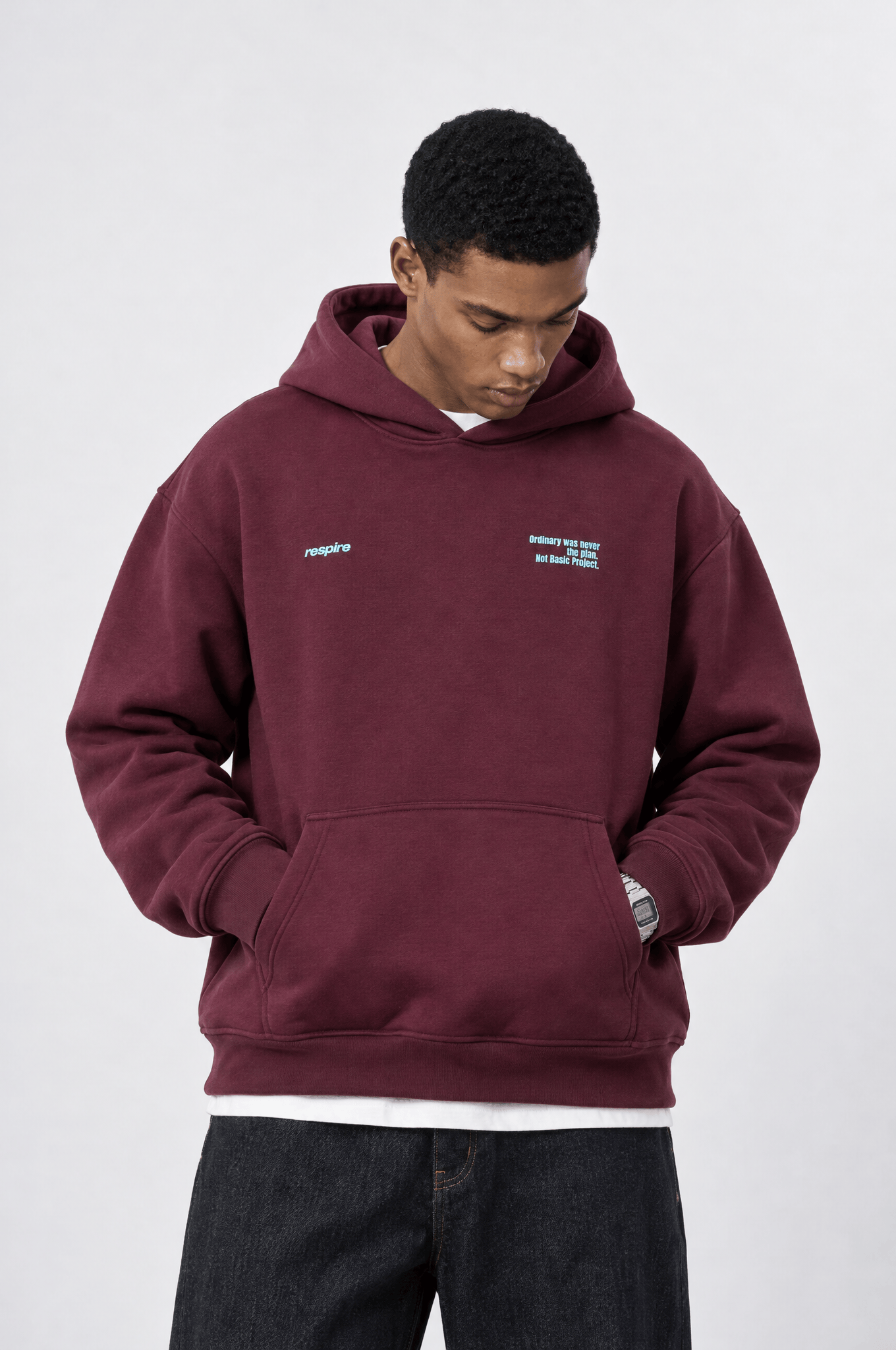 Erkek notbasic Baskılı Oversize Hoodie Bordo