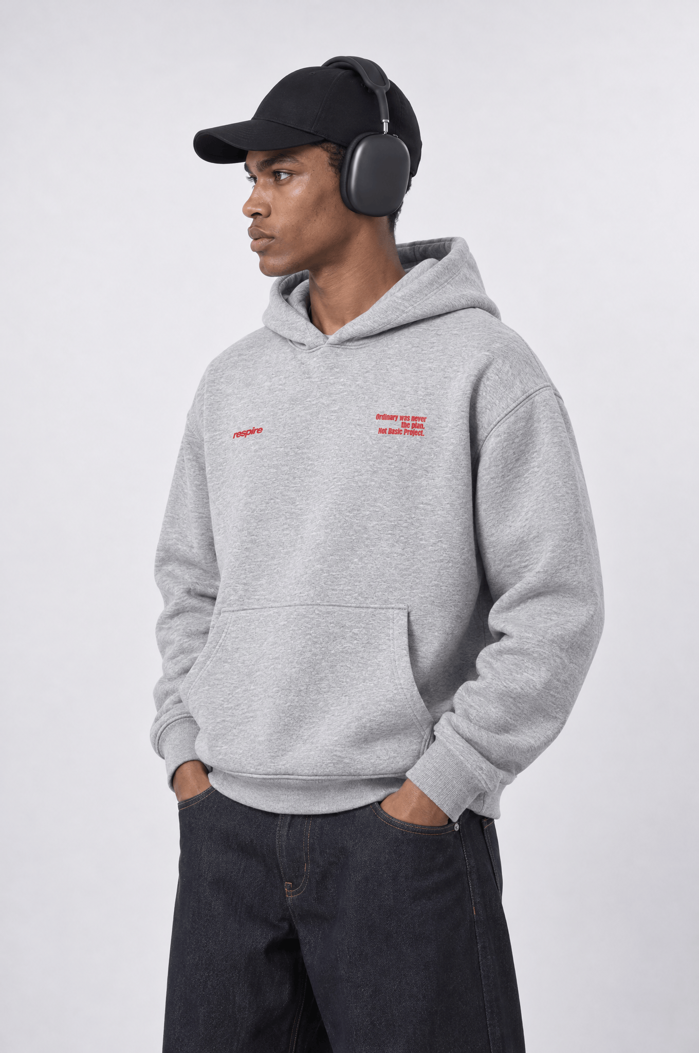 Erkek notbasic Baskılı Oversize Hoodie Gri Melanj