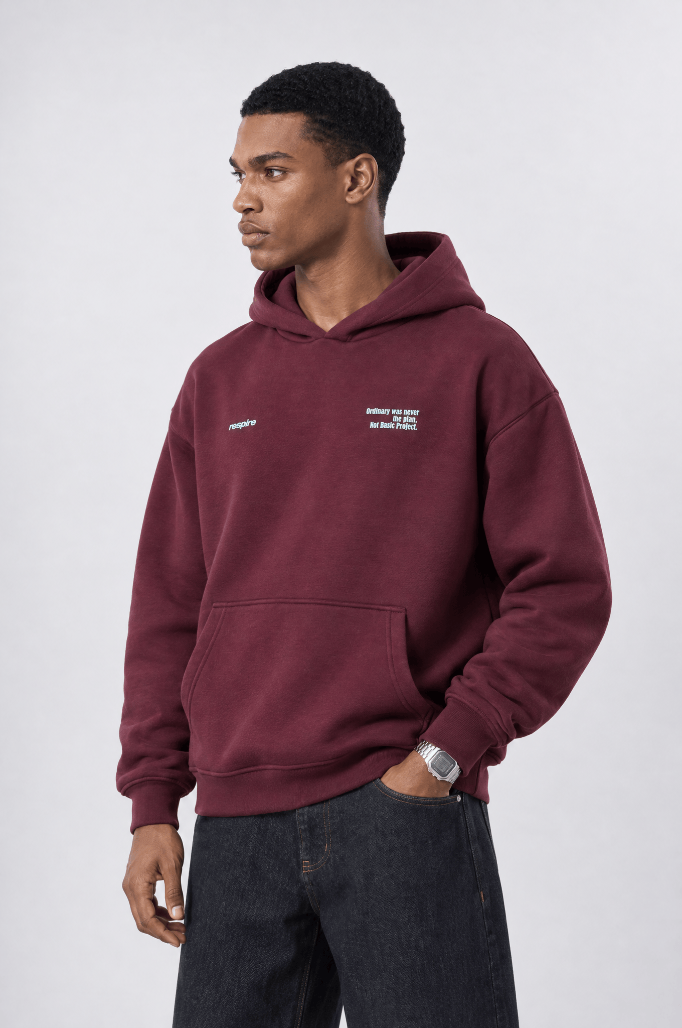 Erkek notbasic Baskılı Oversize Hoodie Bordo