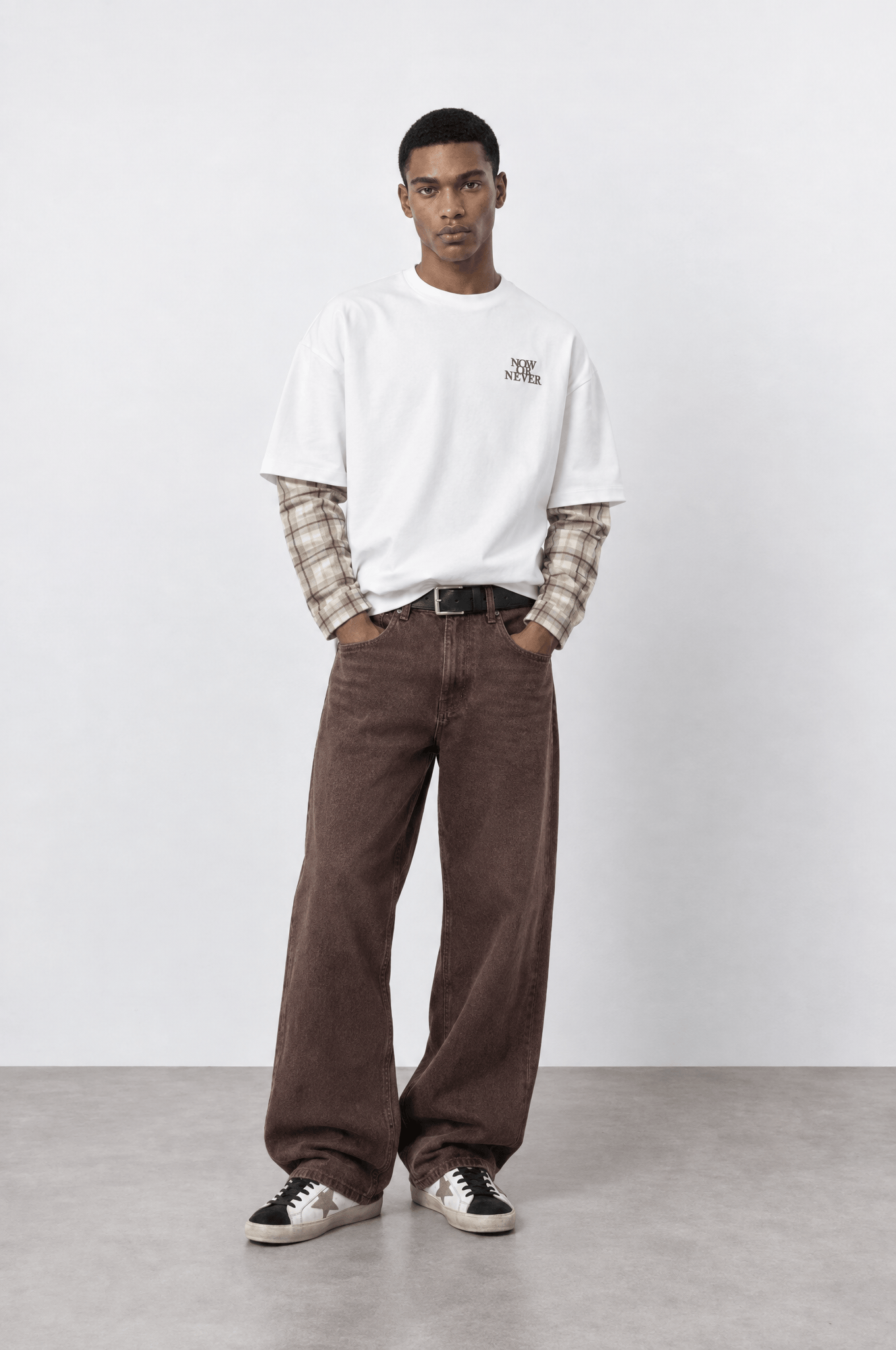 Erkek Now Or Never Nakışlı Double Sleeve Oversize Sweatshirt Ekru