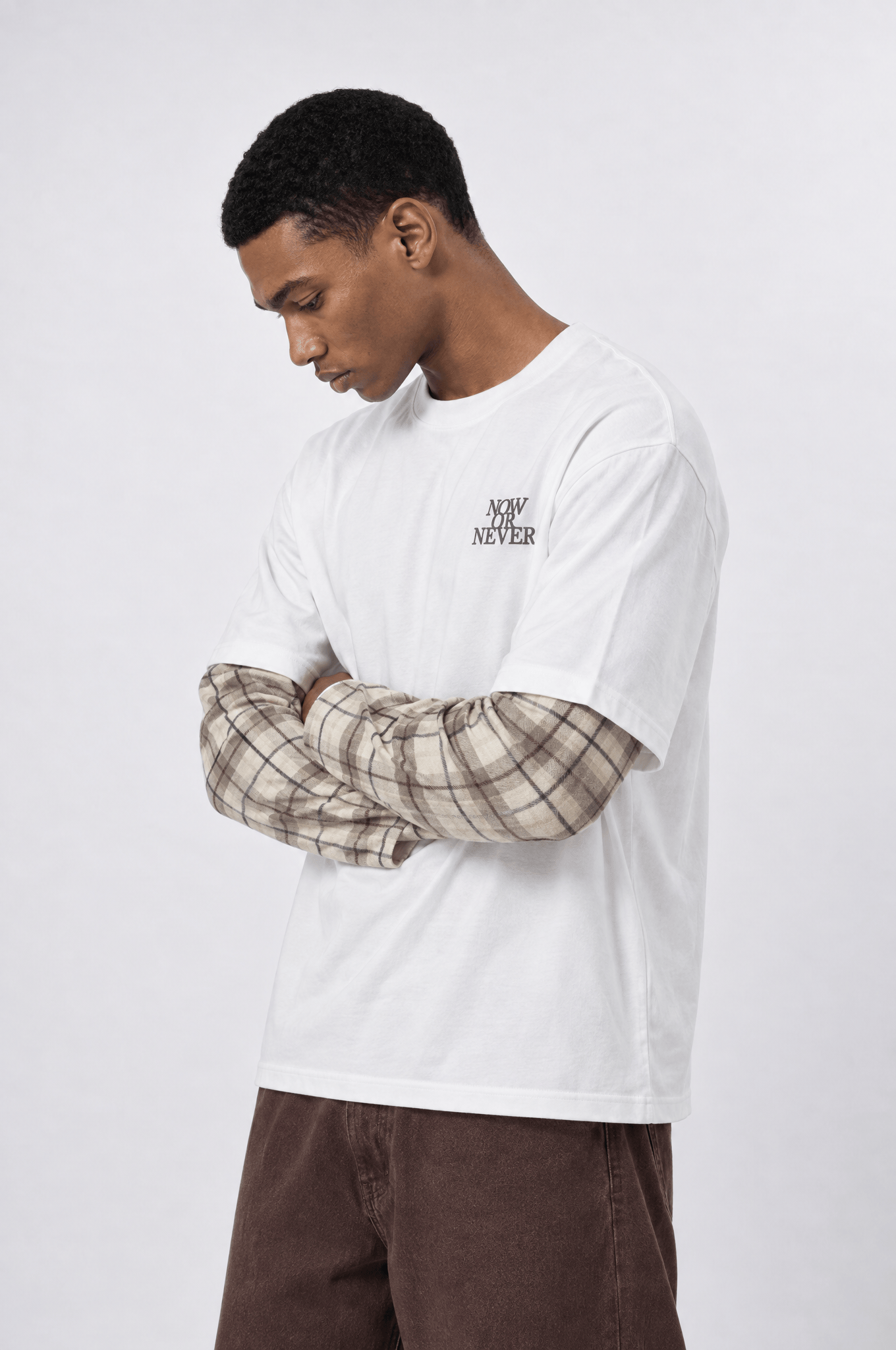 Erkek Now Or Never Nakışlı Double Sleeve Oversize Sweatshirt Ekru