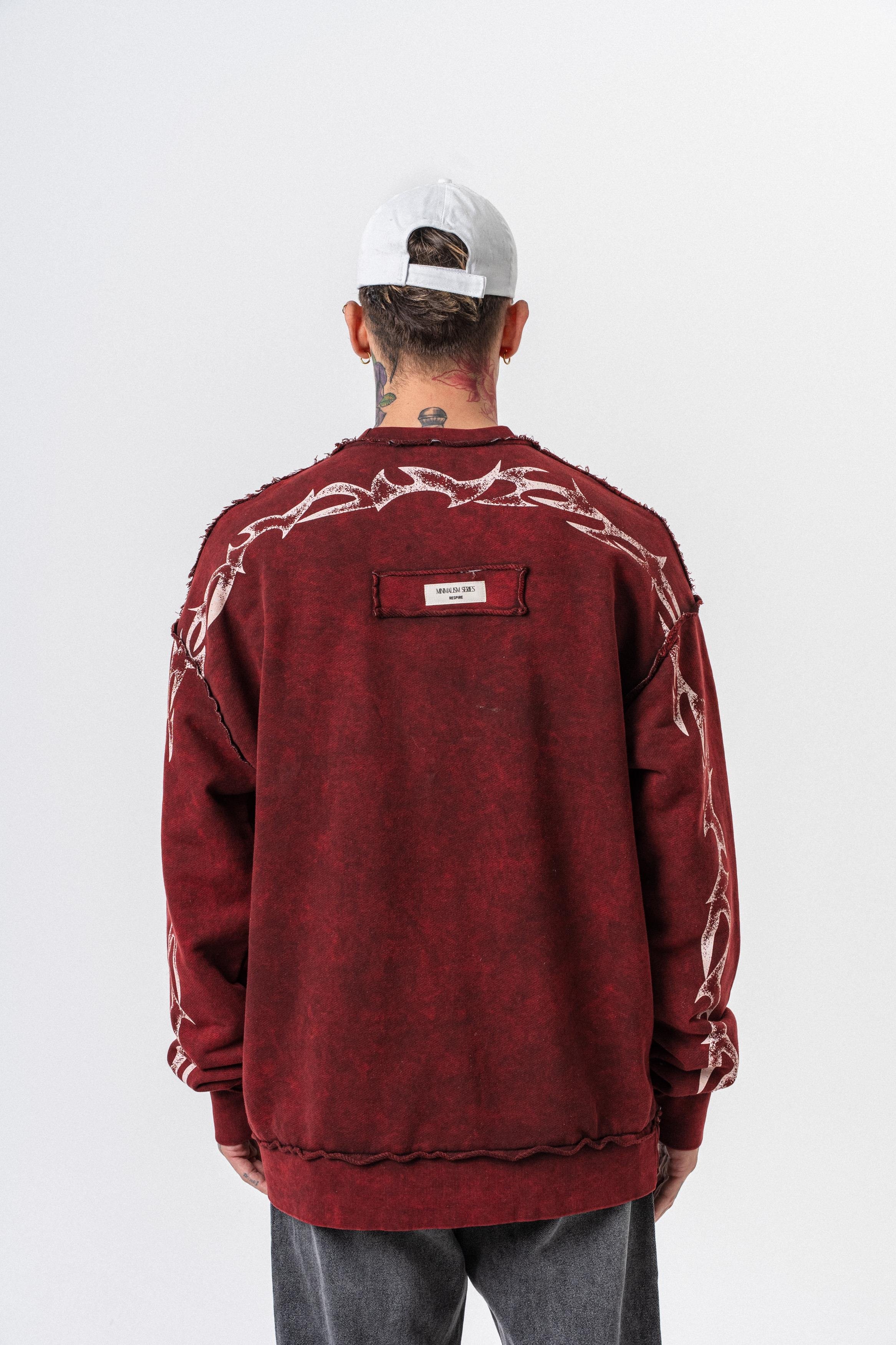 Erkek Origin Baskılı Yıkamalı Bisiklet Yaka Oversize Sweatshirt Bordo