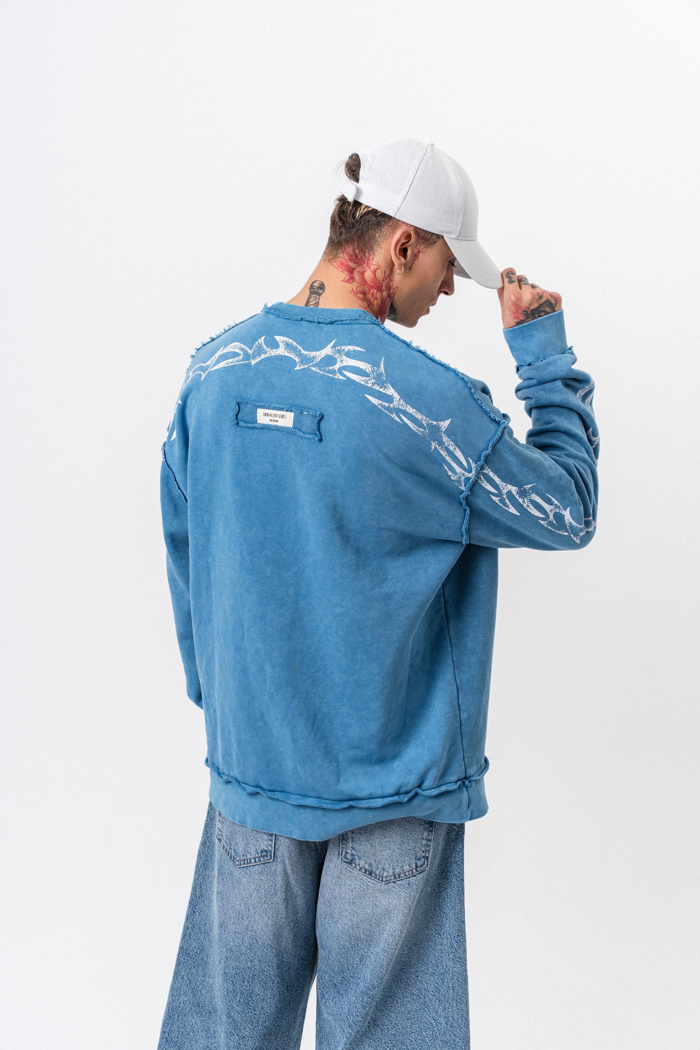 Erkek Origin Baskılı Yıkamalı Bisiklet Yaka Oversize Sweatshirt Bebe Mavi
