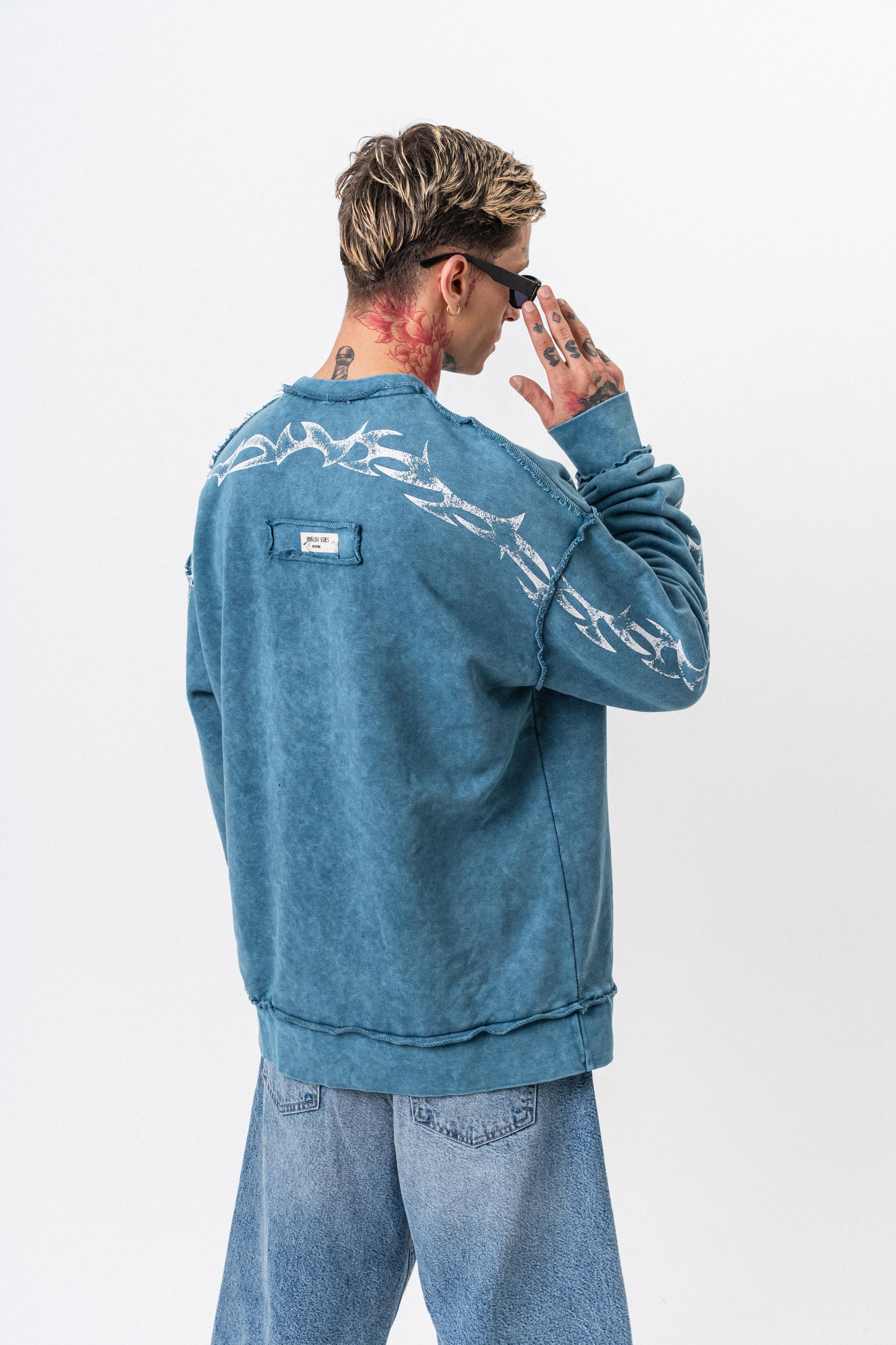 Erkek Origin Baskılı Yıkamalı Bisiklet Yaka Oversize Sweatshirt Petrol