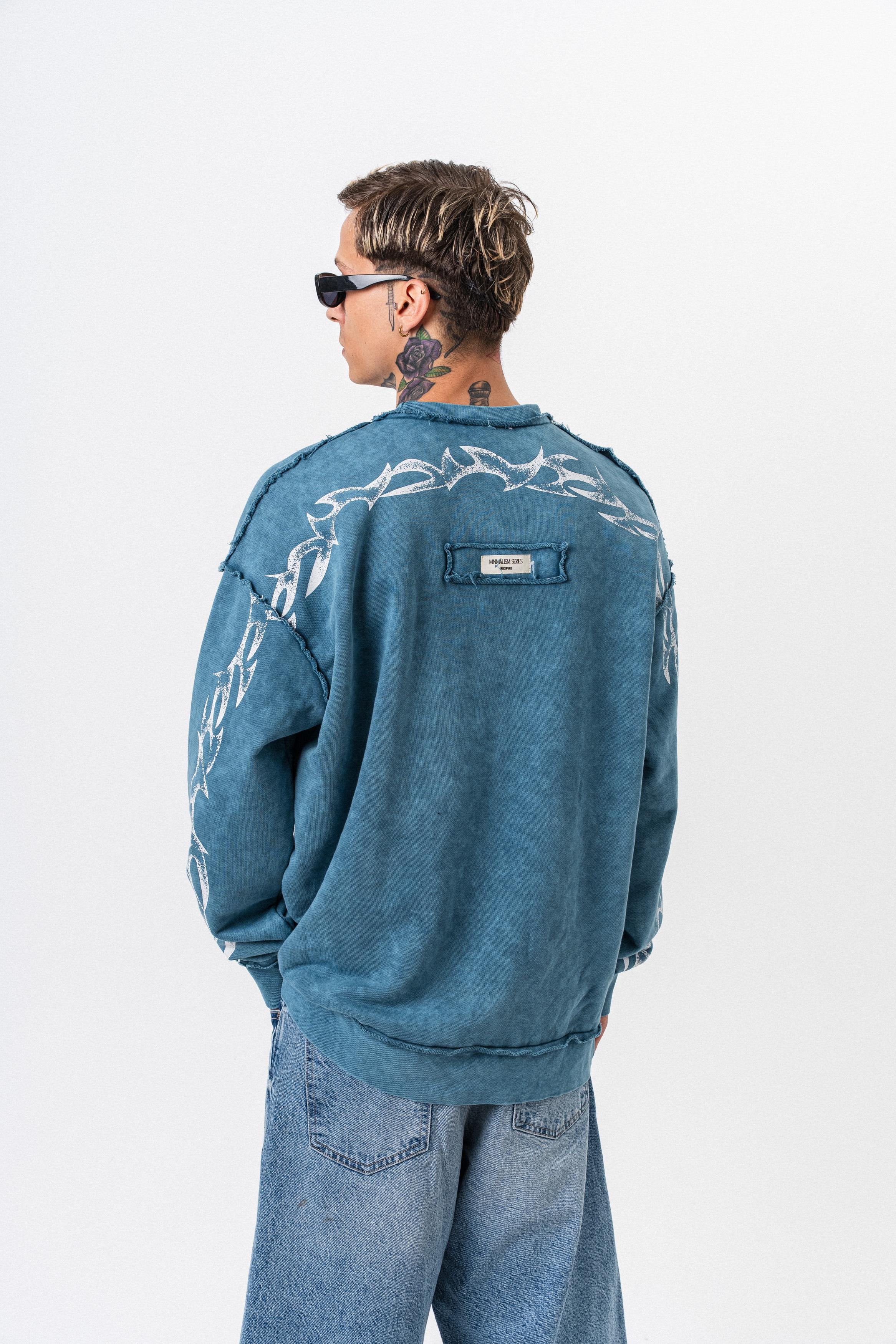 Erkek Origin Baskılı Yıkamalı Bisiklet Yaka Oversize Sweatshirt Petrol