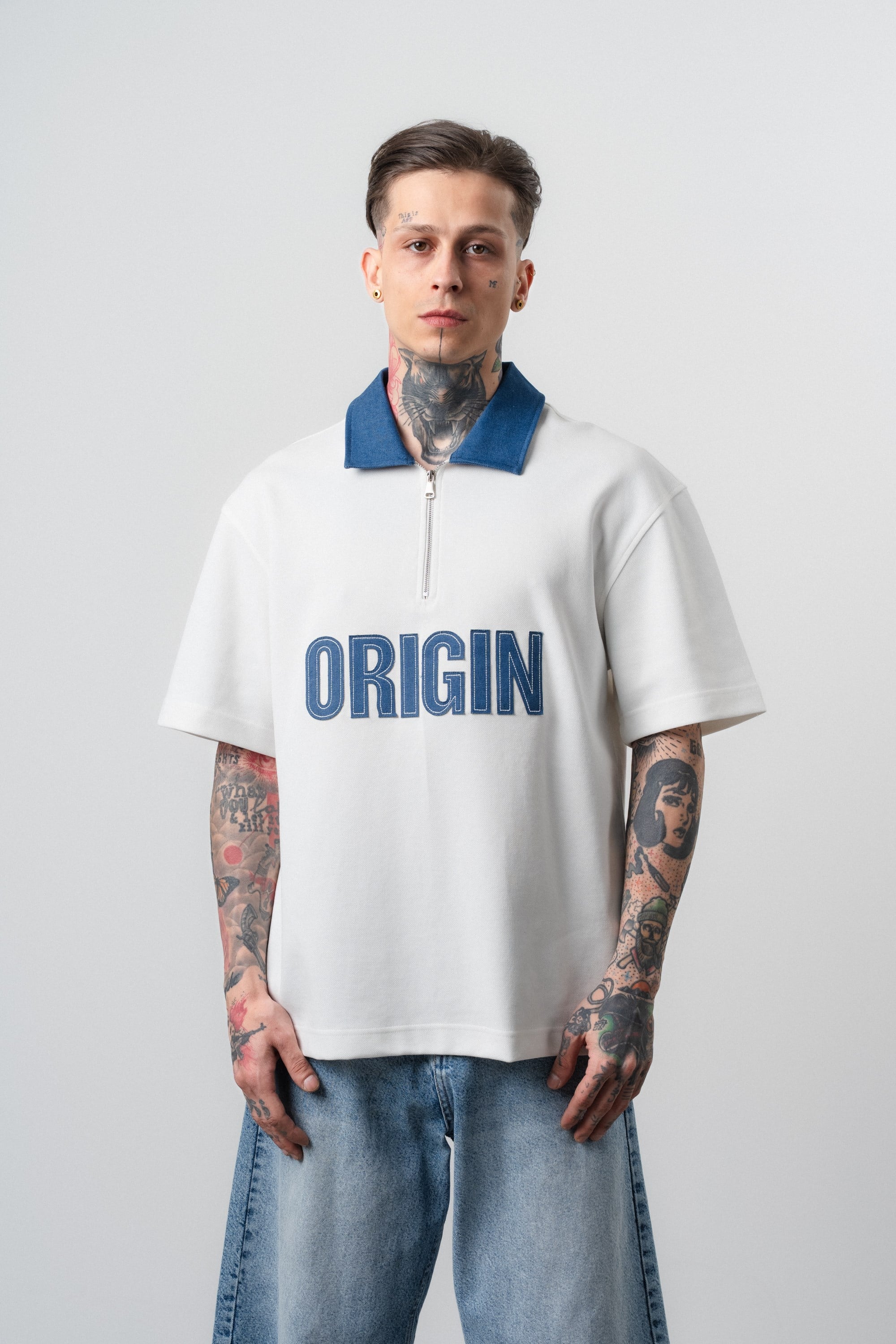 Erkek Origin Nakışlı Polo Yaka Regular Fit T-Shirt Ekru