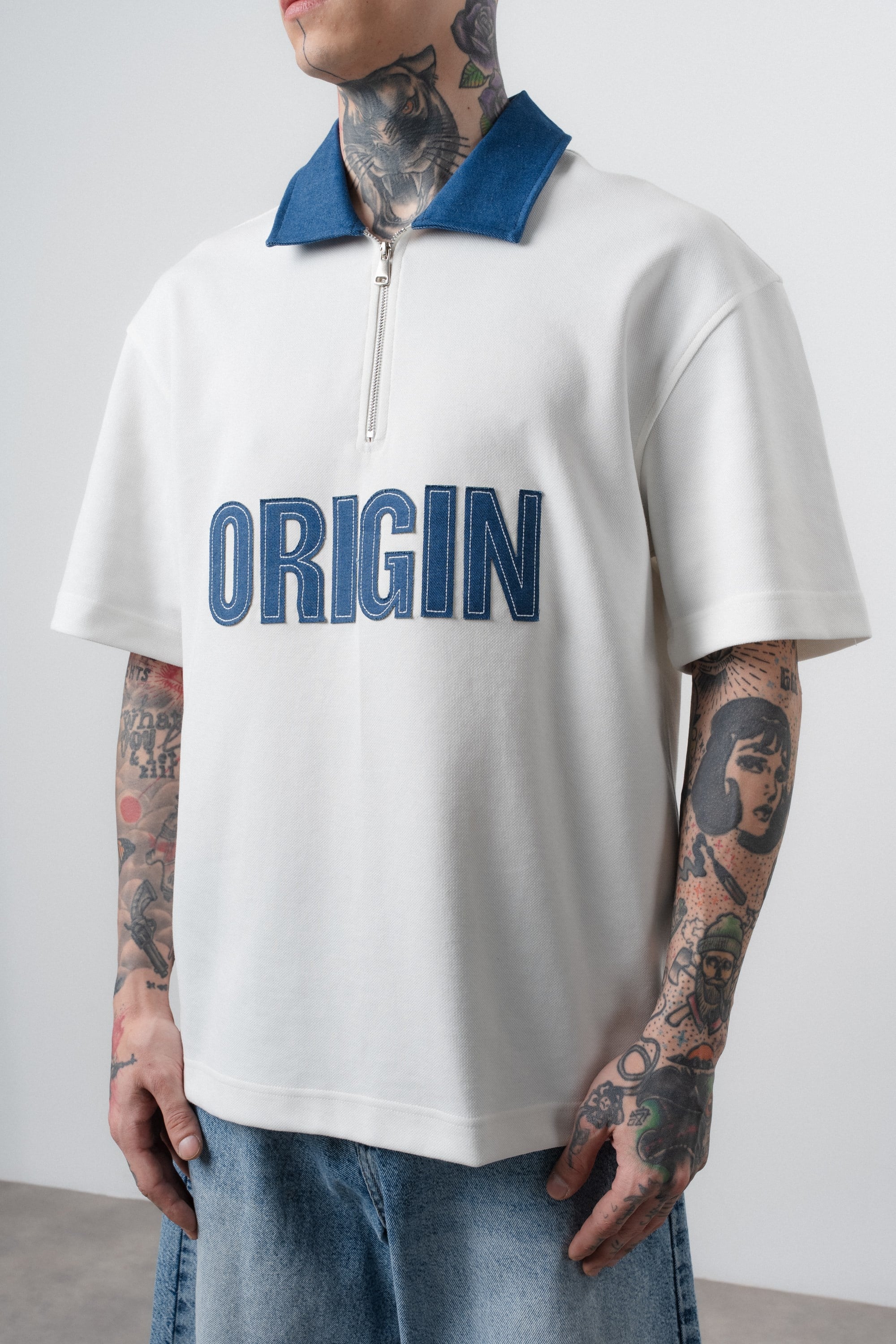 Erkek Origin Nakışlı Polo Yaka Regular Fit T-Shirt Ekru