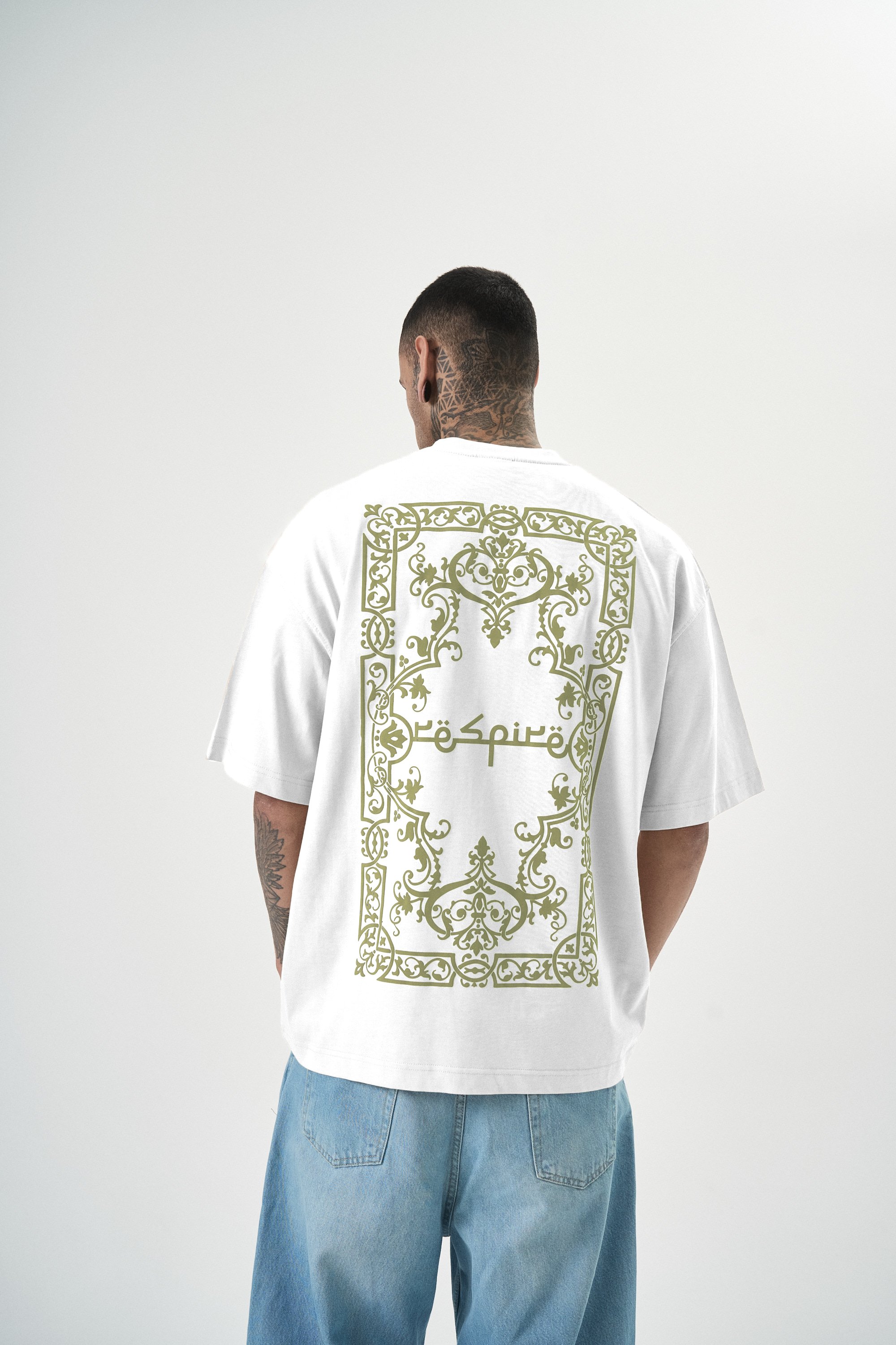 Erkek Ornaments Baskılı Oversize T-Shirt Beyaz