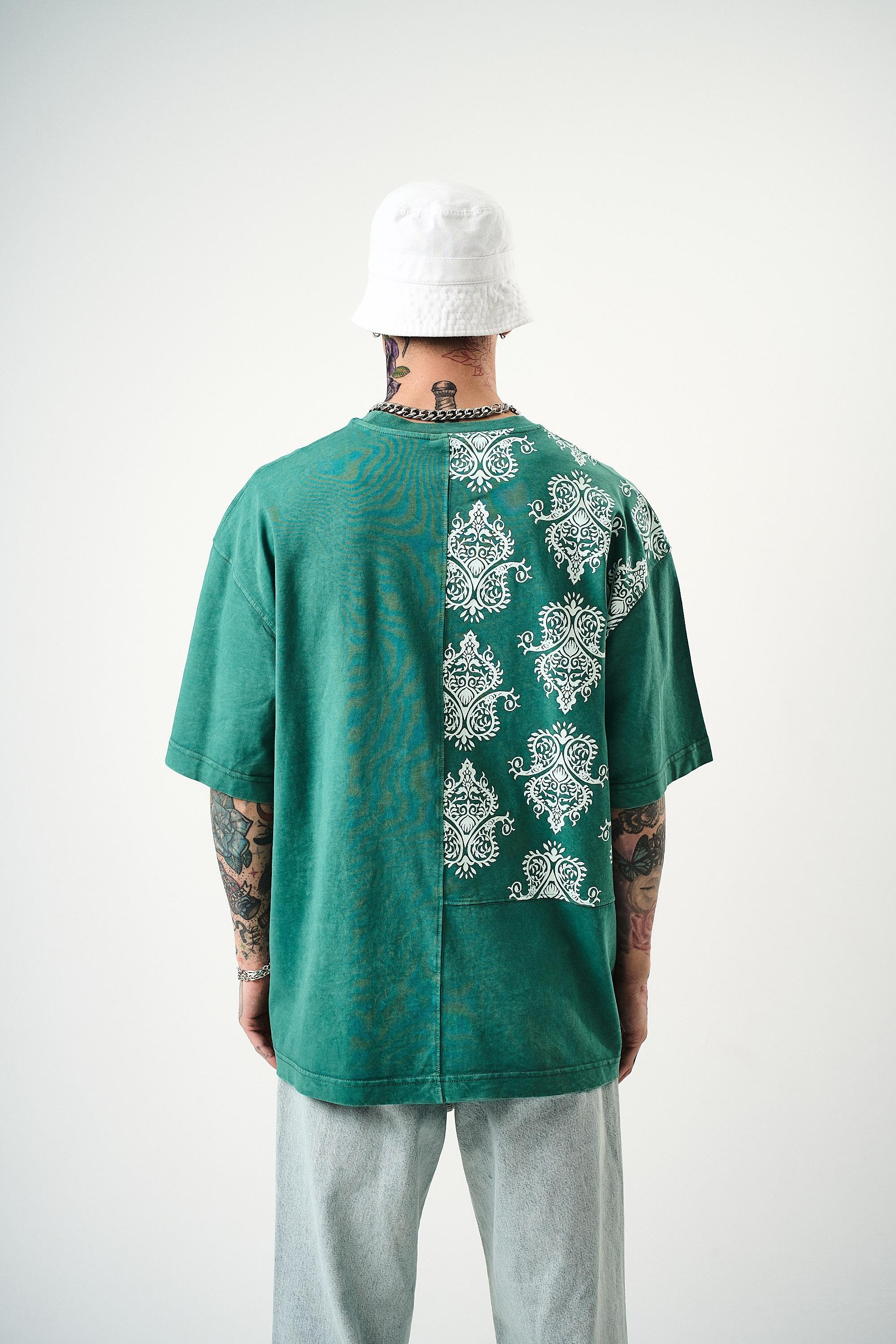 Erkek Paisley Baskılı Yıkamalı Oversize T-Shirt Yeşil