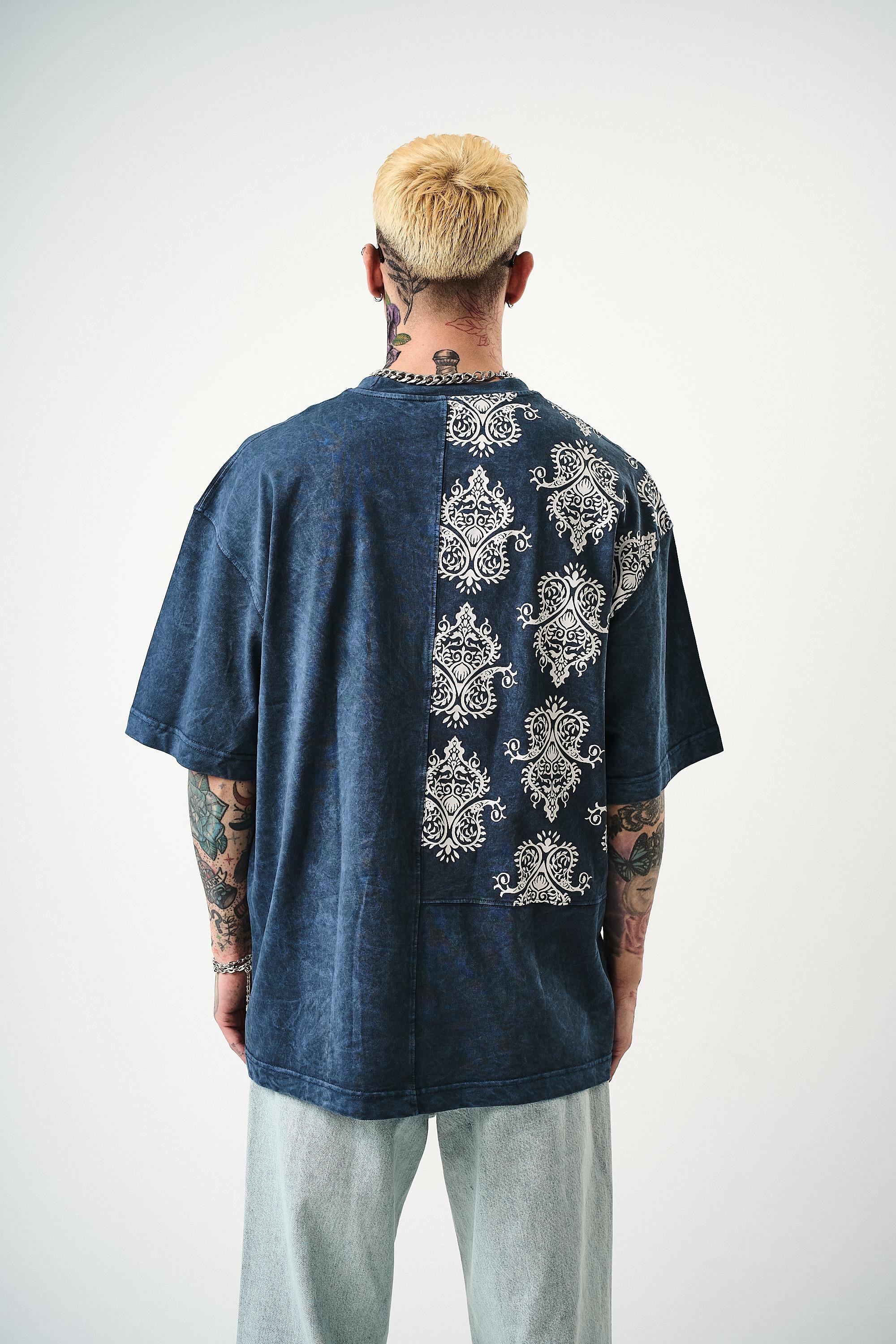Erkek Paisley Baskılı Yıkamalı Oversize T-Shirt İndigo